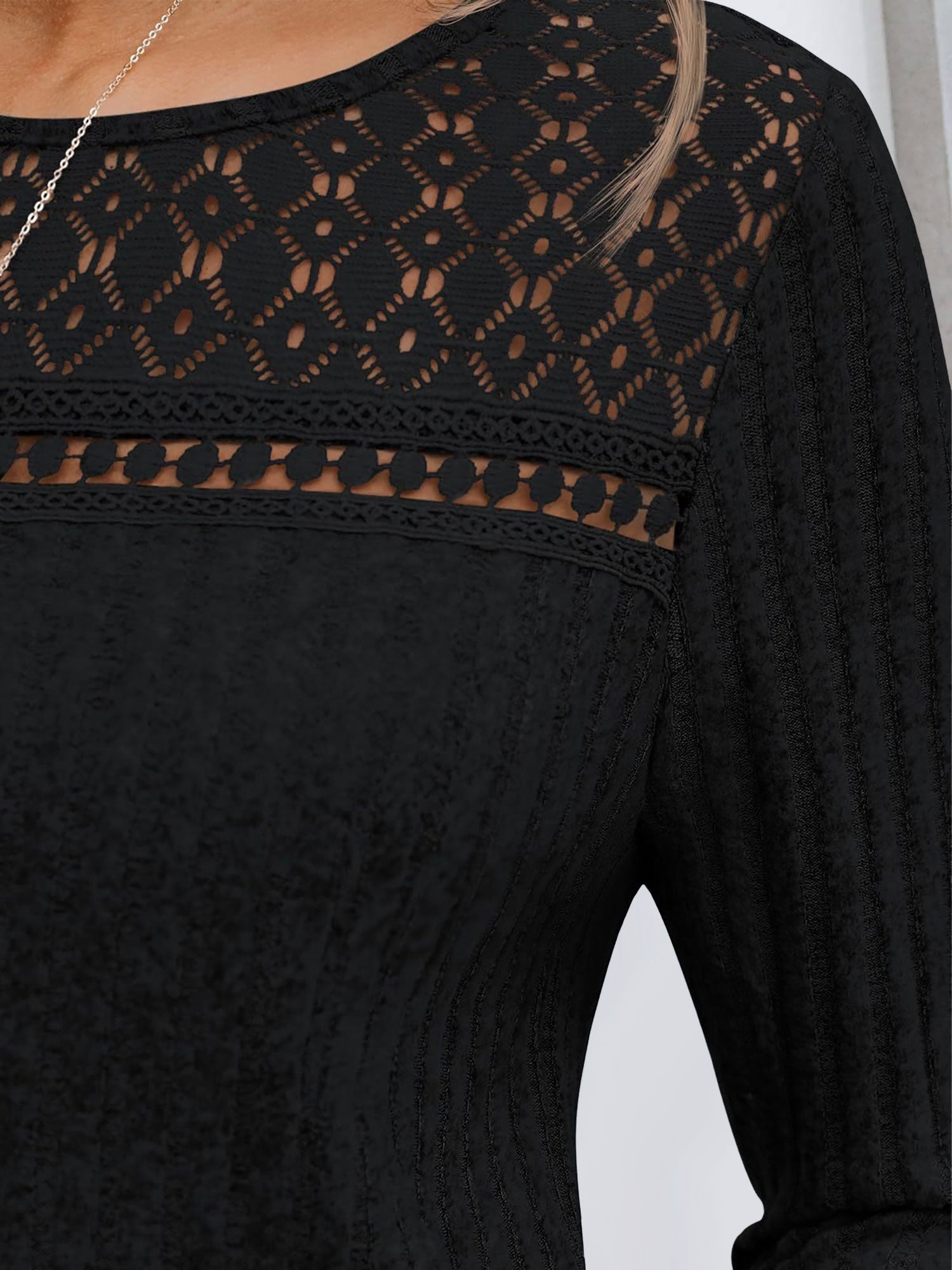 Round Neck Long Sleeves Casual Eyelet Blouse