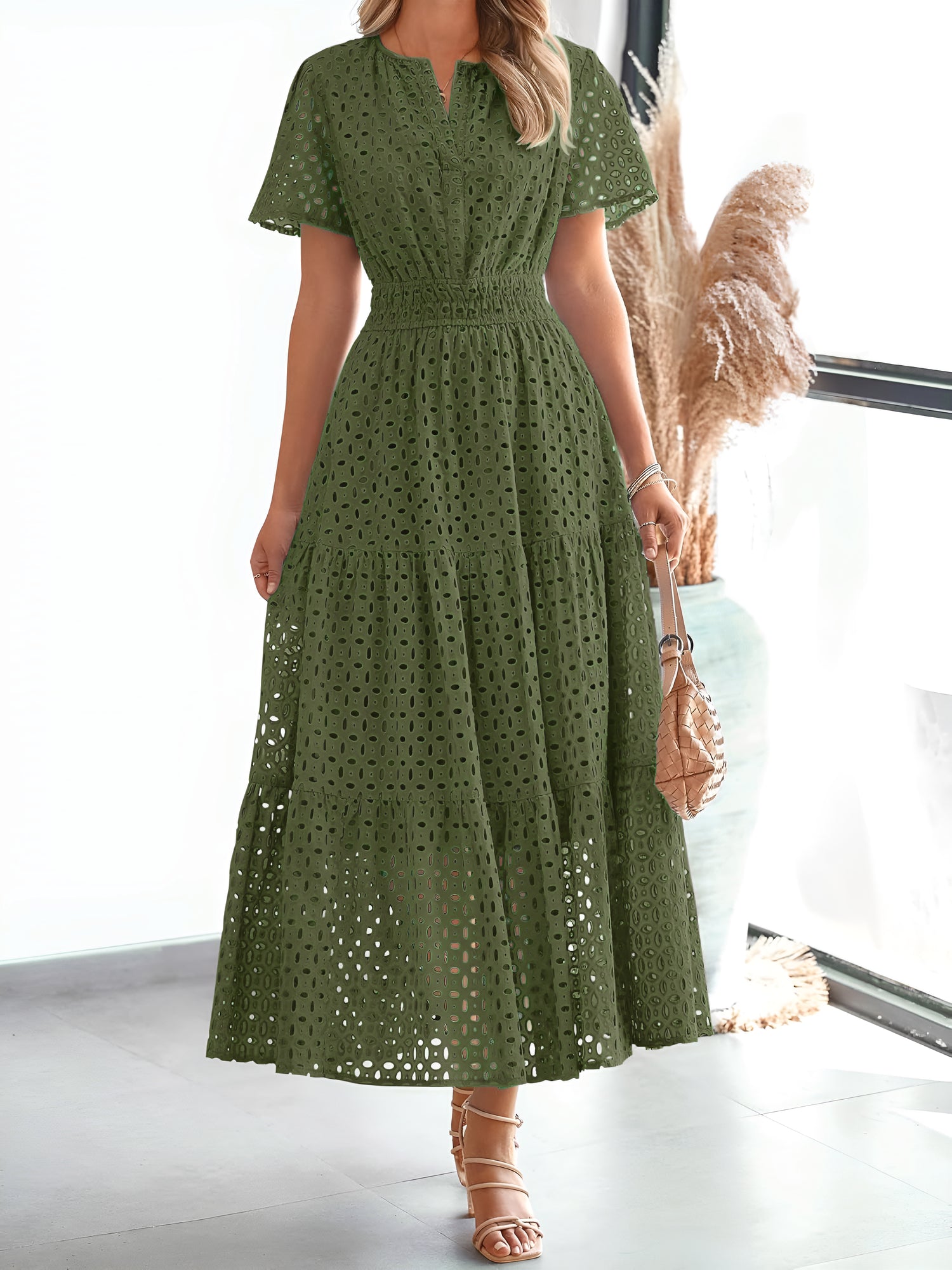 Notch Neck Short Sleeves Pockets Eyelet A-Line Tiered Dress