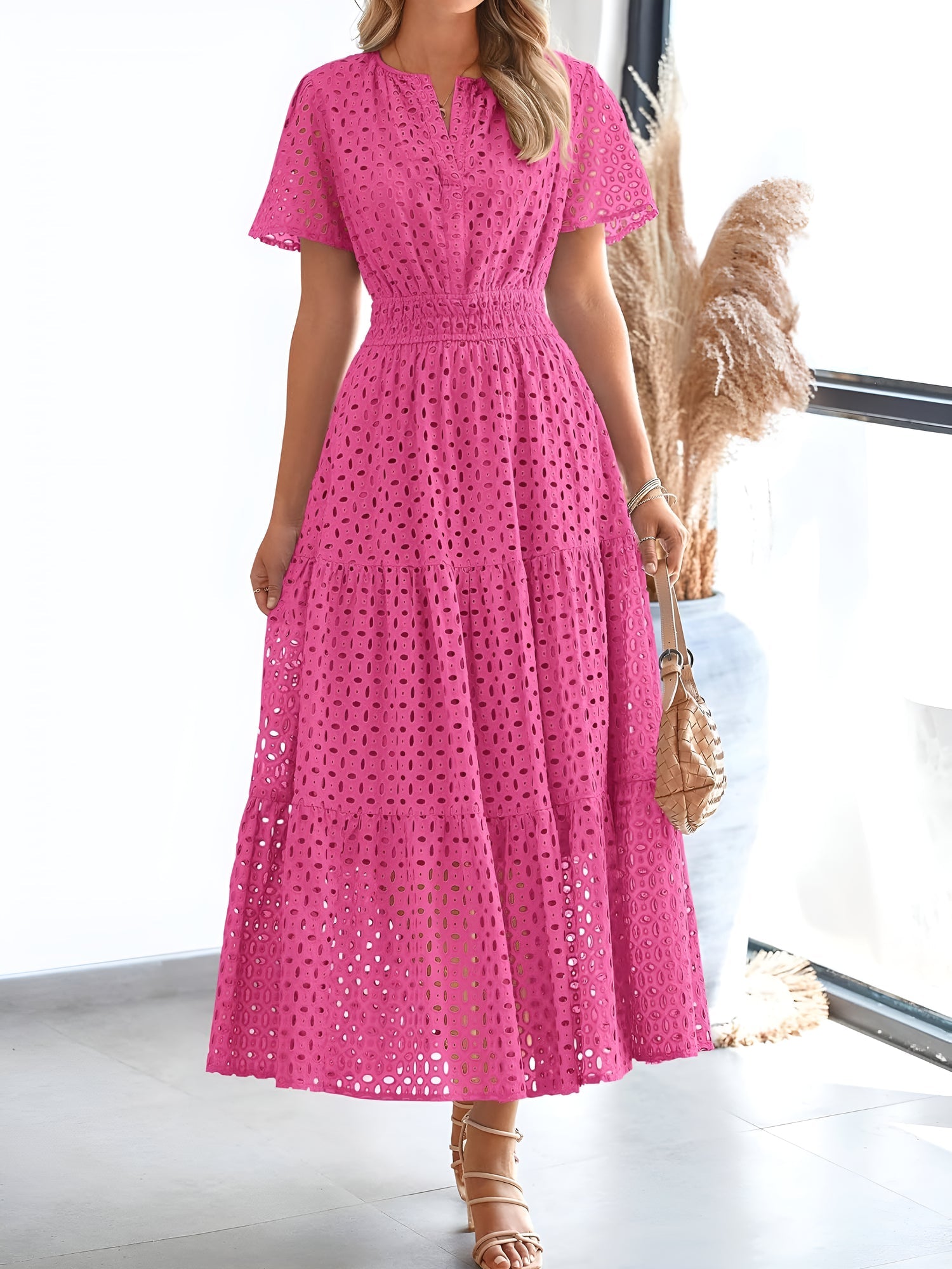 Notch Neck Short Sleeves Pockets Eyelet A-Line Tiered Dress