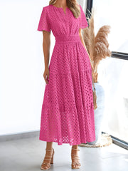 Notch Neck Short Sleeves Pockets Eyelet A-Line Tiered Dress