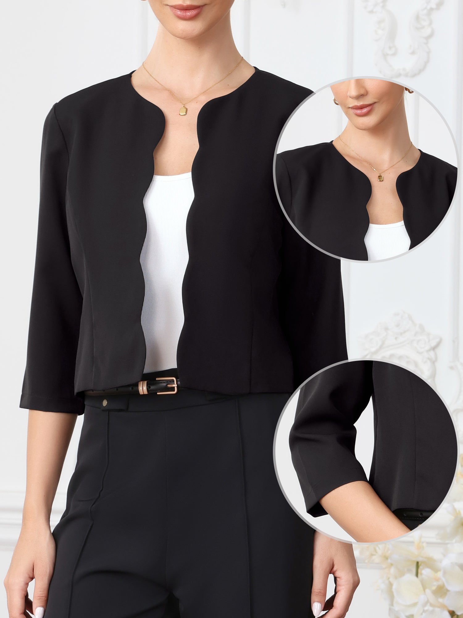 Open Front 3/4 Sleeve Cropped Work Office Jackets