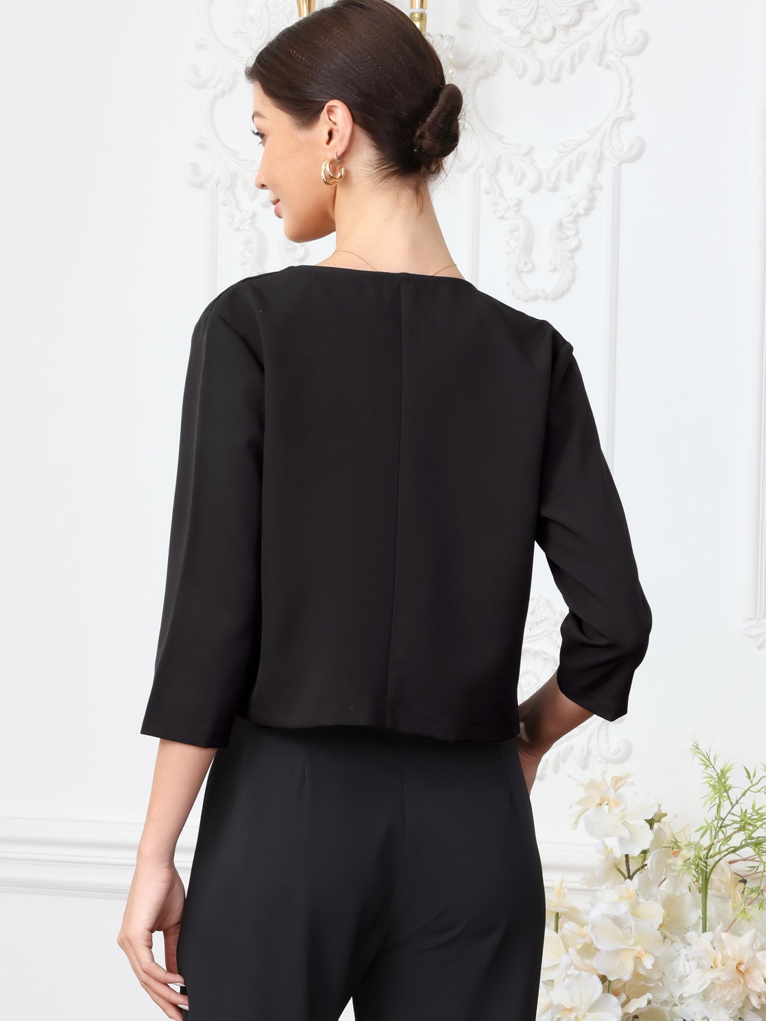 Open Front 3/4 Sleeve Cropped Work Office Jackets