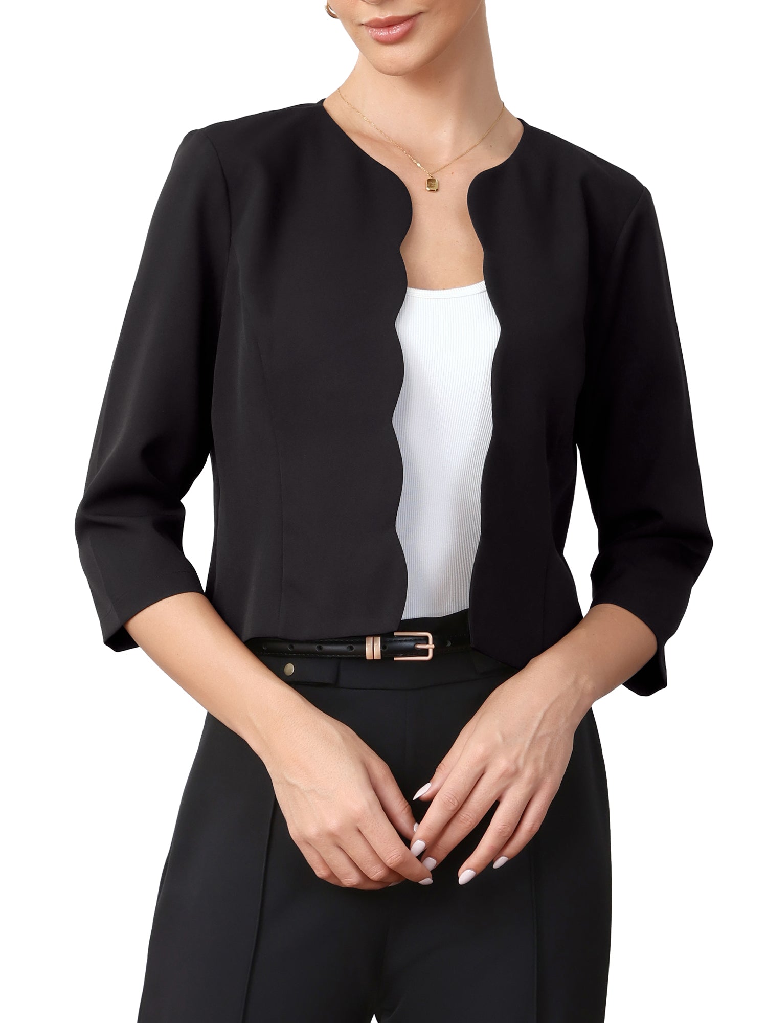 Open Front 3/4 Sleeve Cropped Work Office Jackets