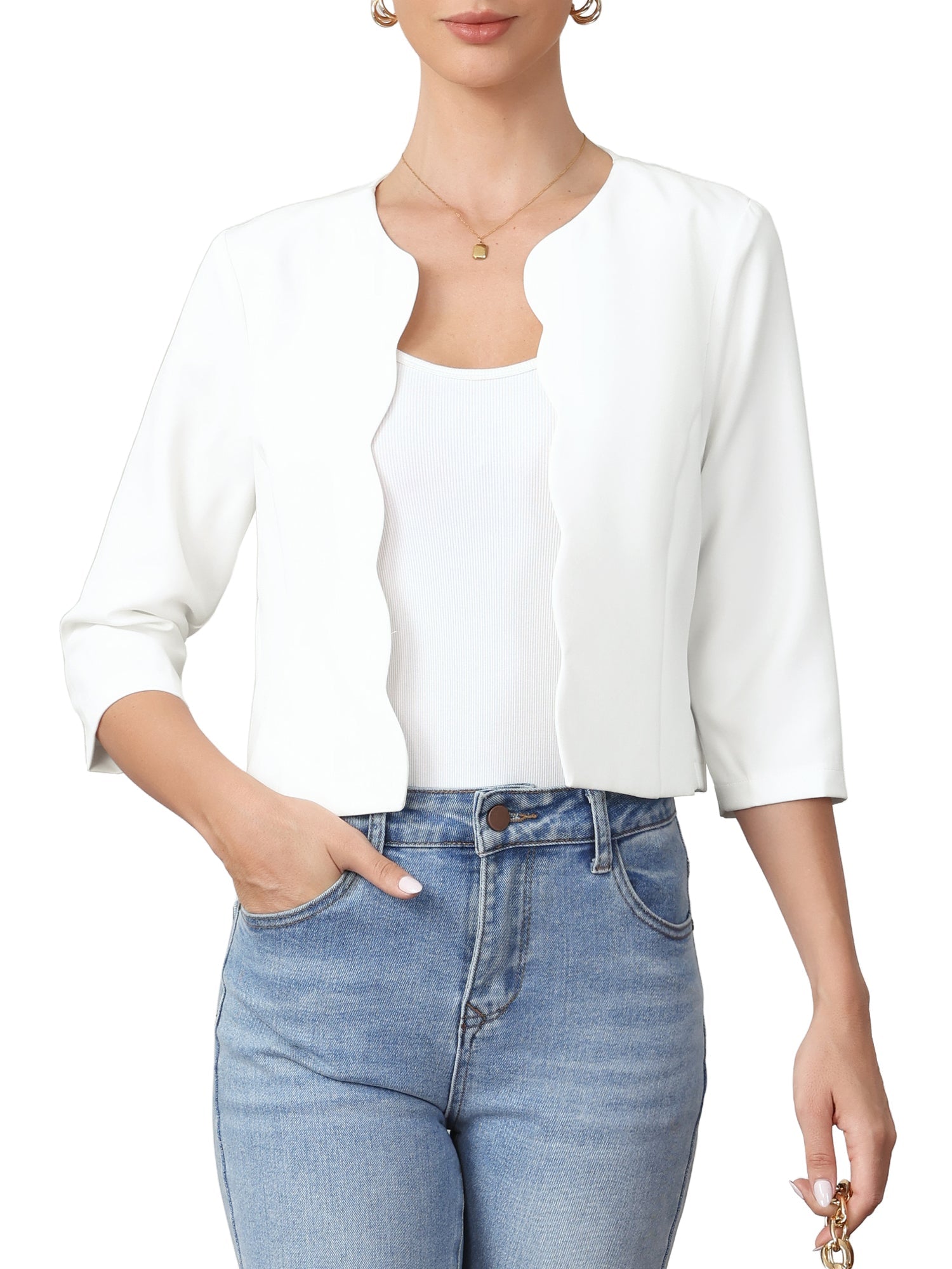 Open Front 3/4 Sleeve Cropped Work Office Jackets