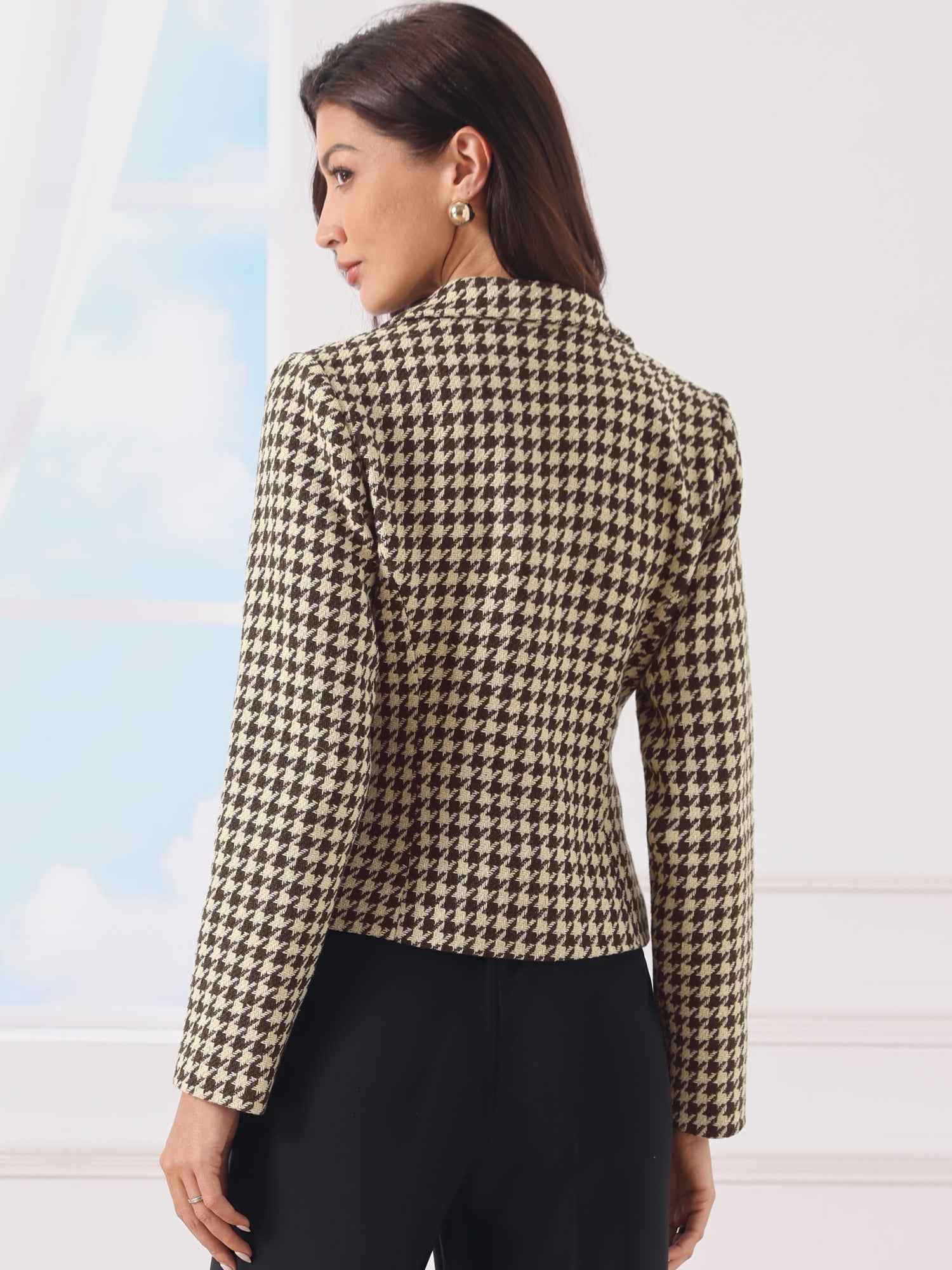 Notch Lapel Houndstooth Buttons Work Long Sleeves Blazer