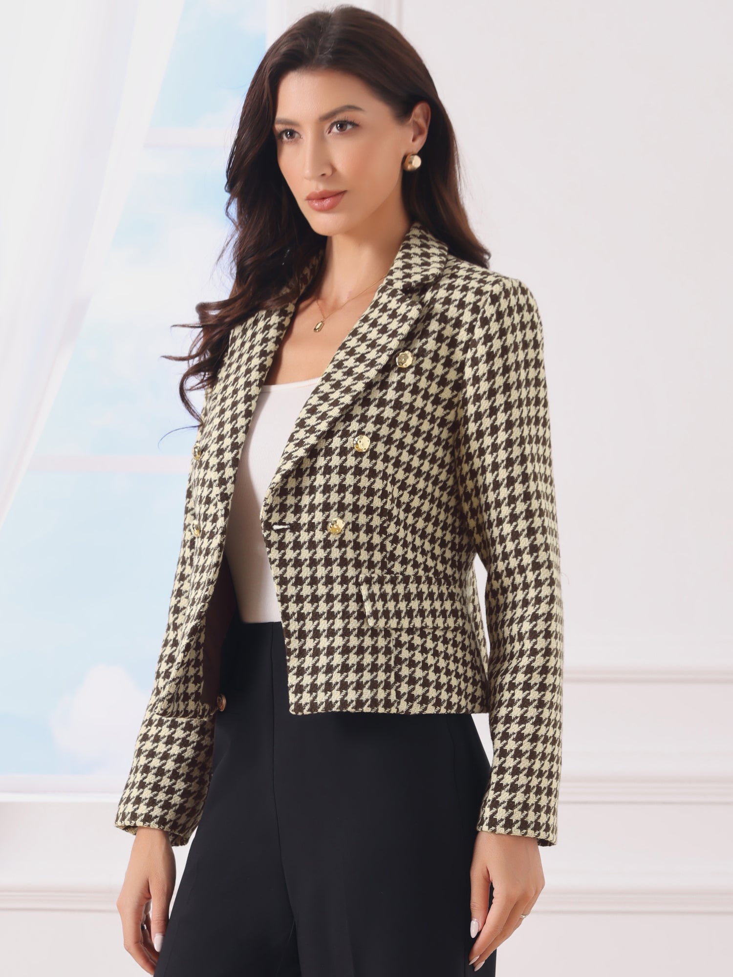 Notch Lapel Houndstooth Buttons Work Long Sleeves Blazer