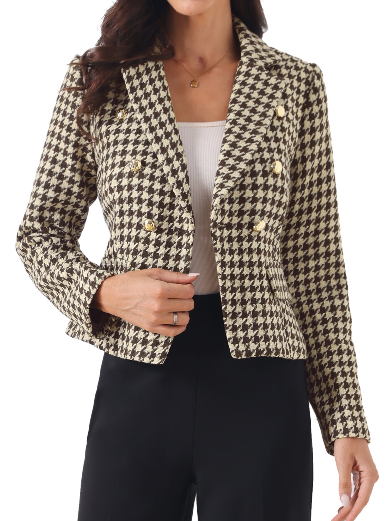 Notch Lapel Houndstooth Buttons Work Long Sleeves Blazer