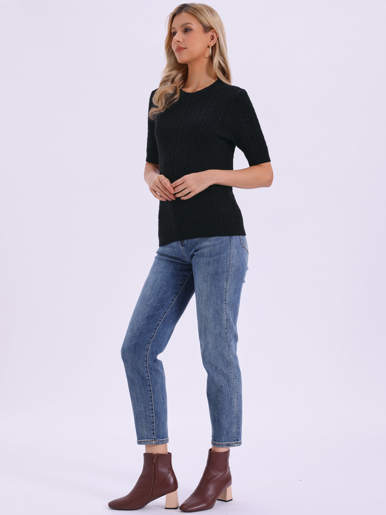 Short Sleeve Crew Neck Knit Casual Sweater Top