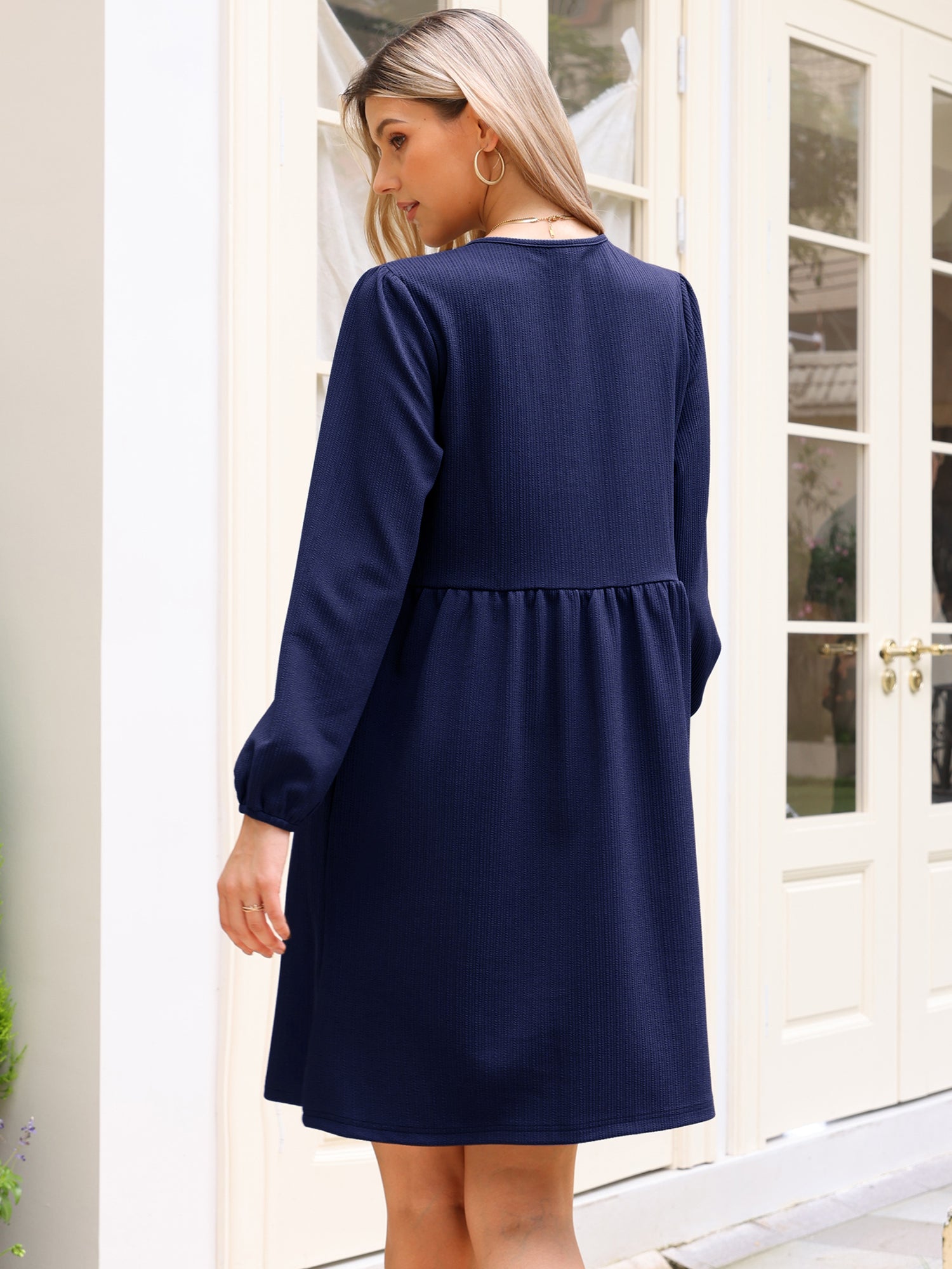 Puff Long Sleeve Bow Tie Front Babydoll Dress