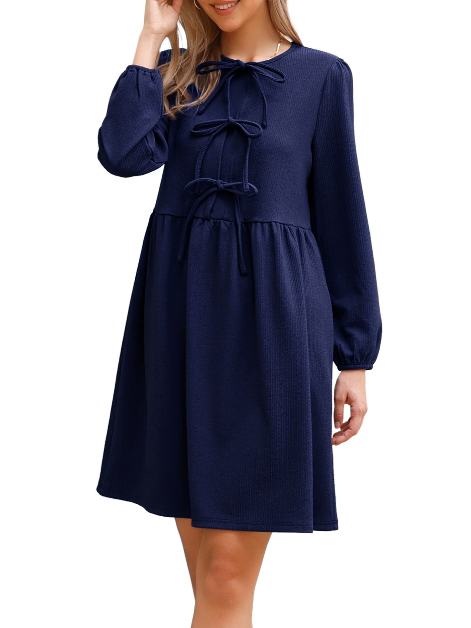 Puff Long Sleeve Bow Tie Front Babydoll Dress