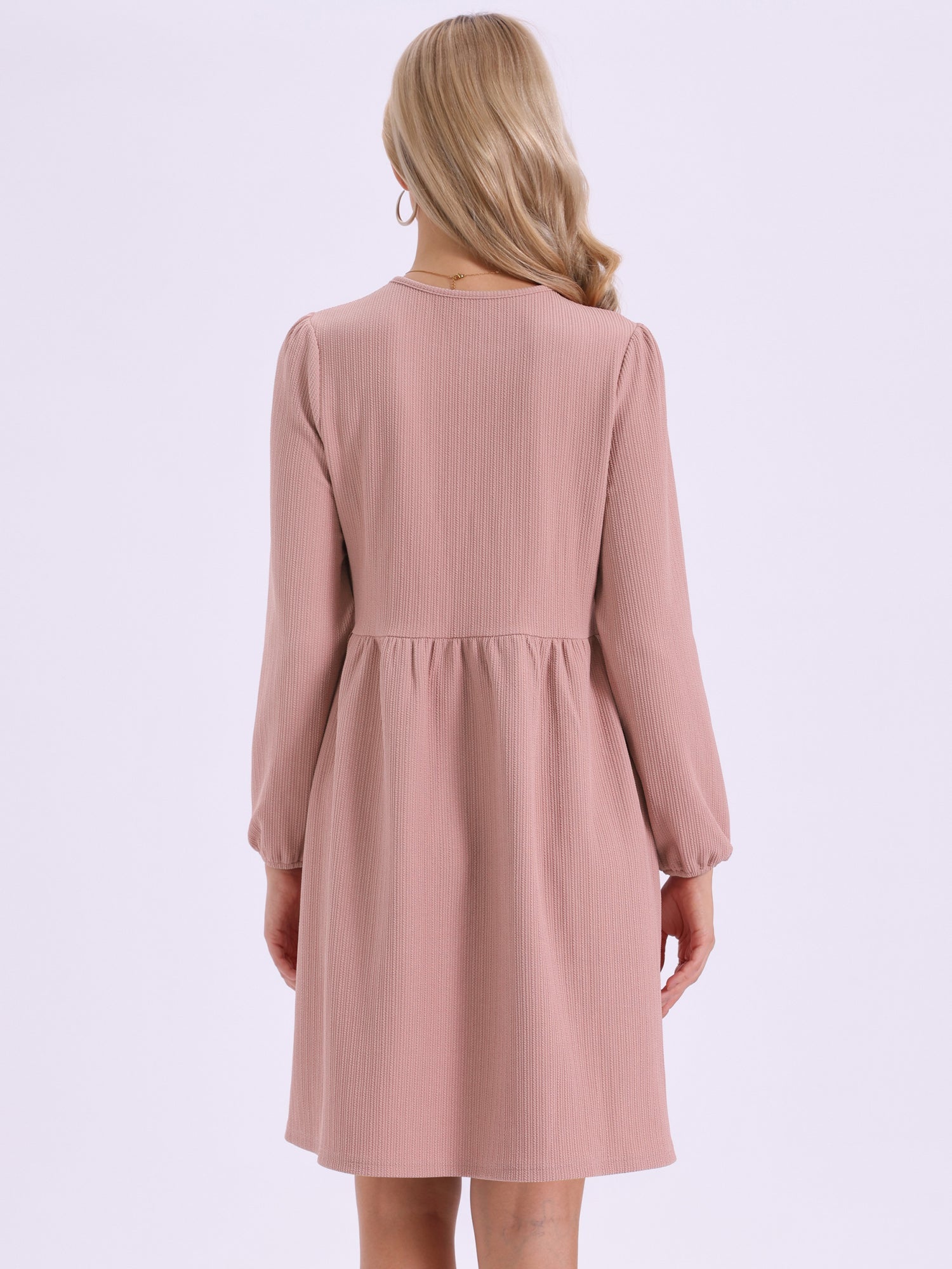 Puff Long Sleeve Bow Tie Front Babydoll Dress