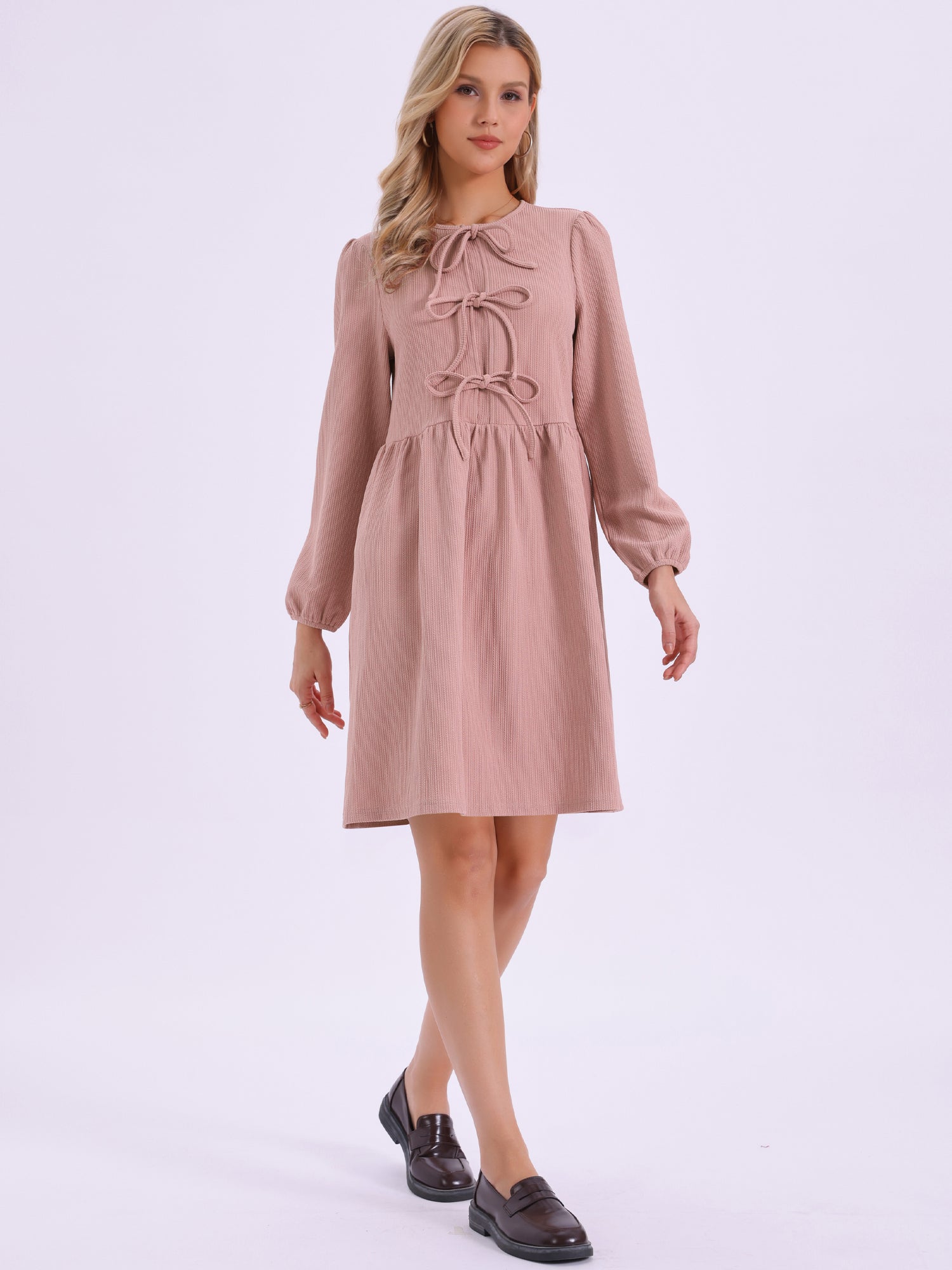 Puff Long Sleeve Bow Tie Front Babydoll Dress
