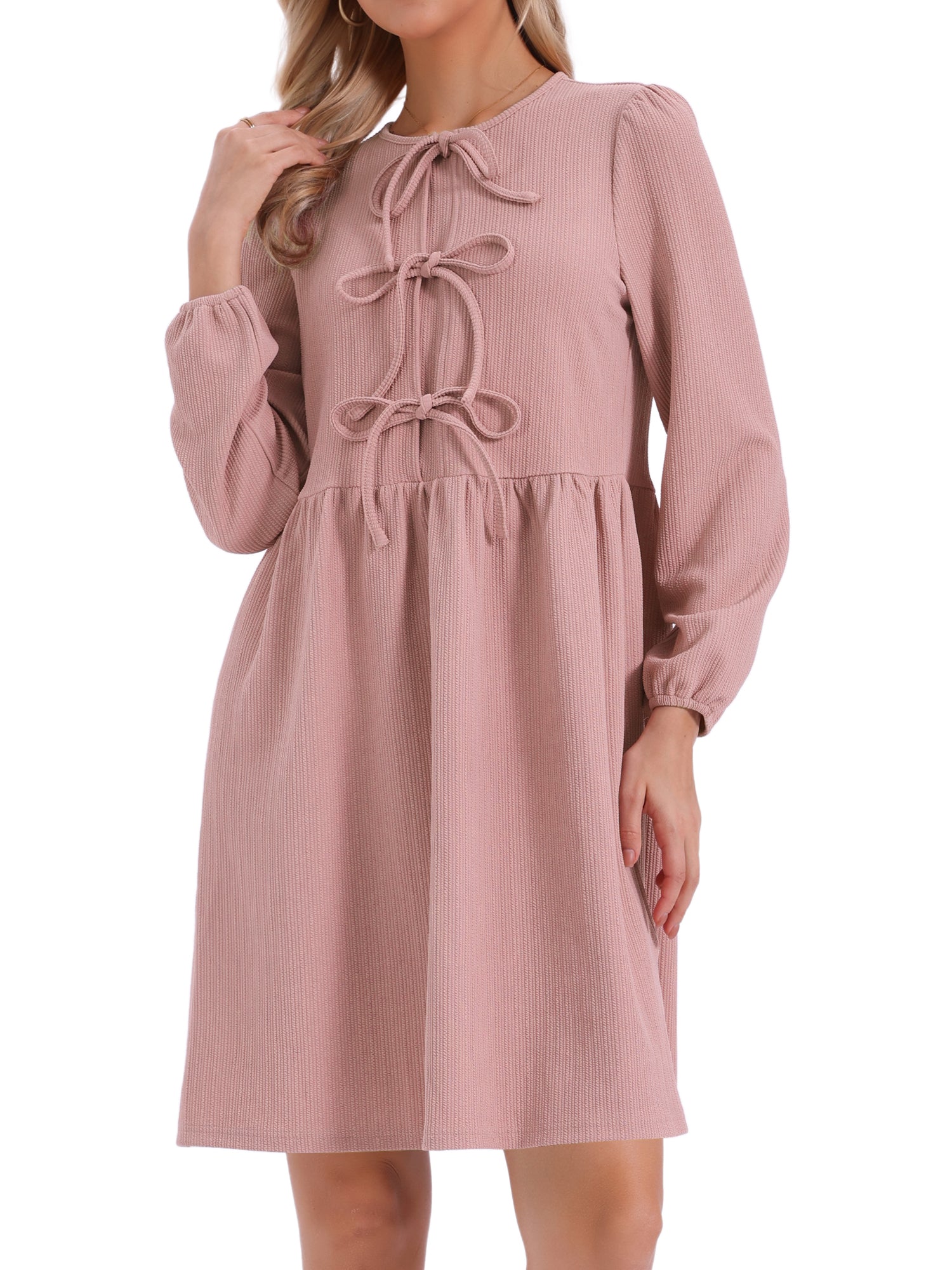 Puff Long Sleeve Bow Tie Front Babydoll Dress