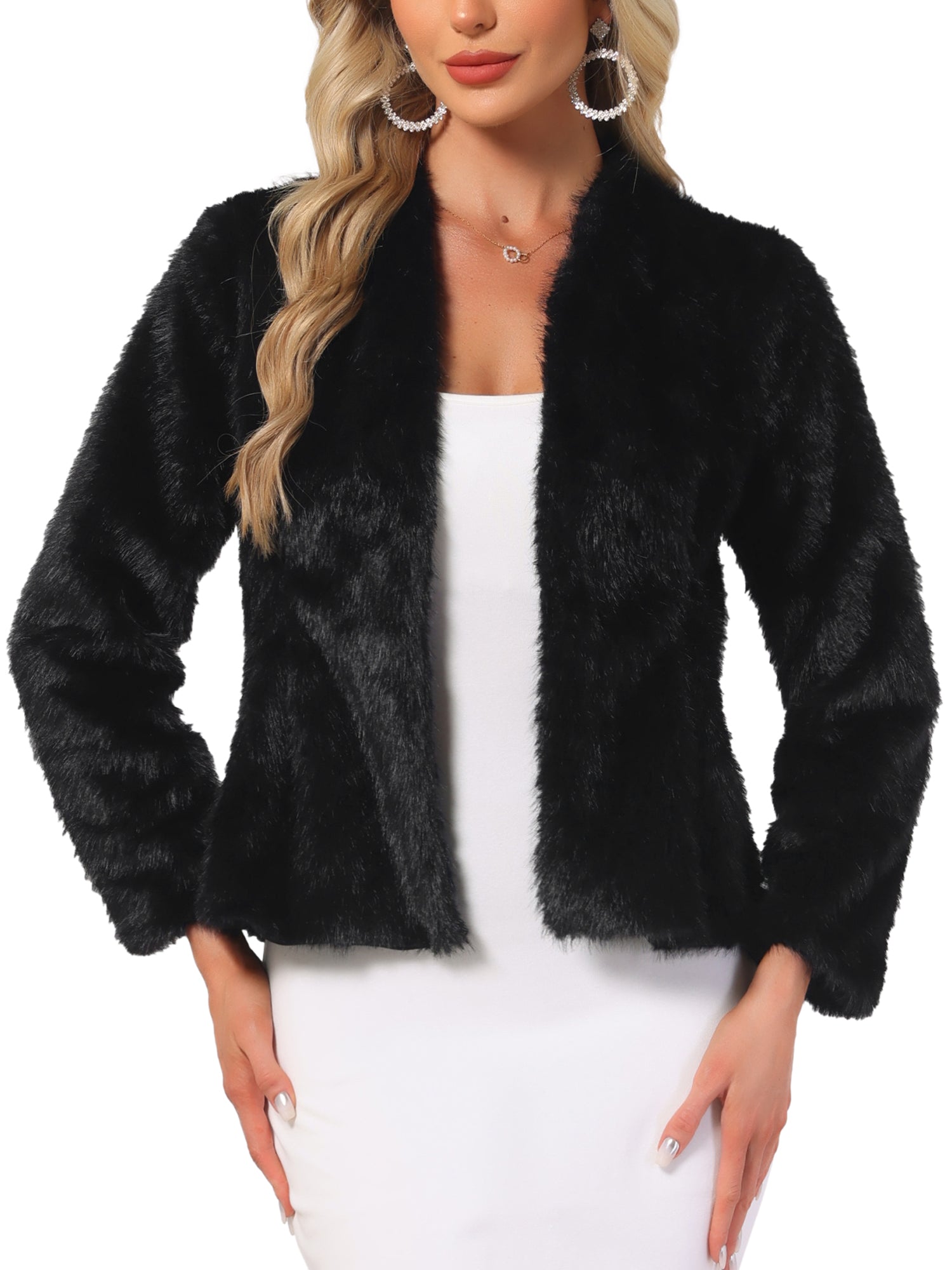 Faux Fur Long Sleeve Open Front Wedding Fluffy Coat