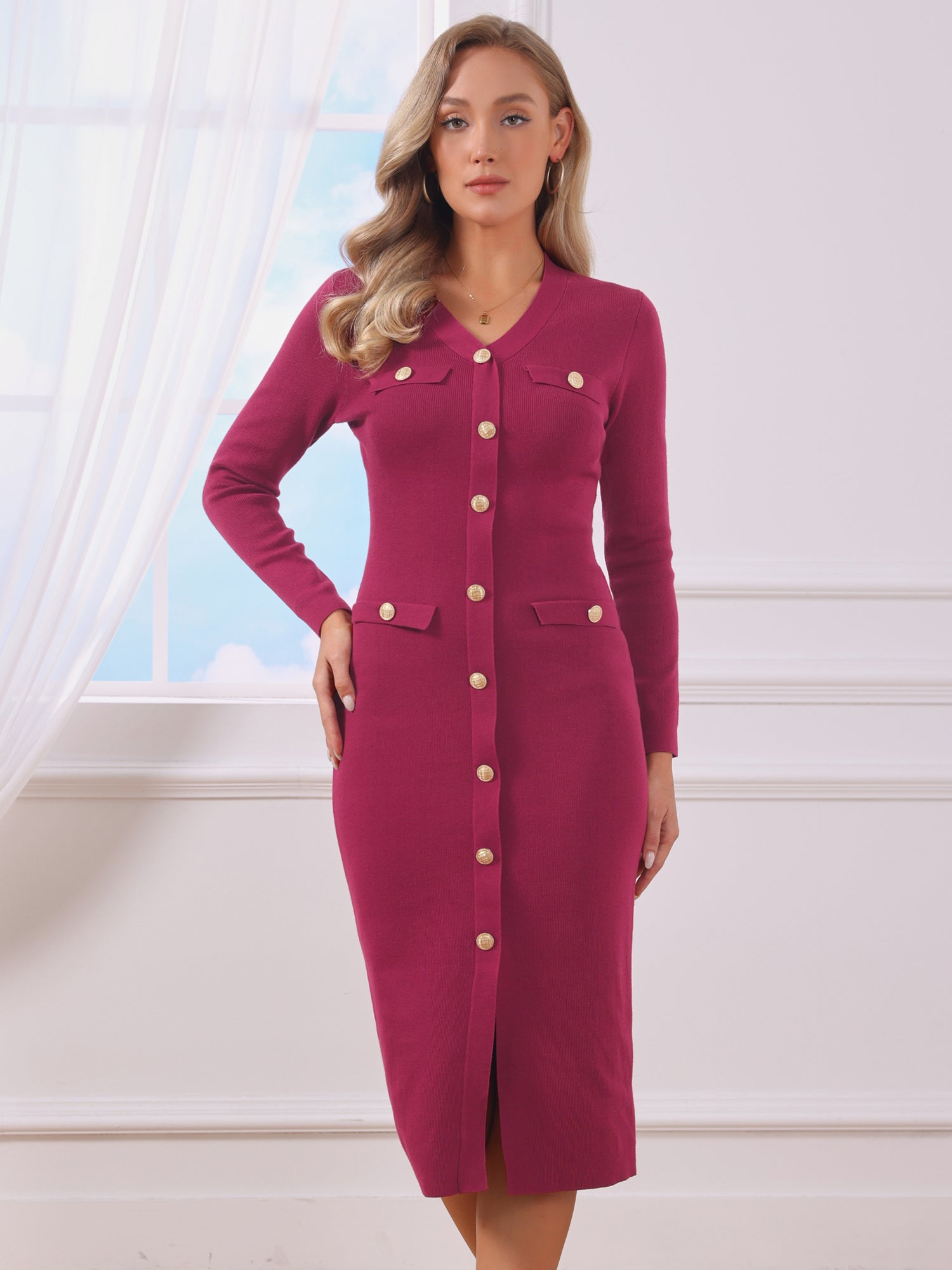 Button Decor Knit Bodycon Midi Sweater Dress