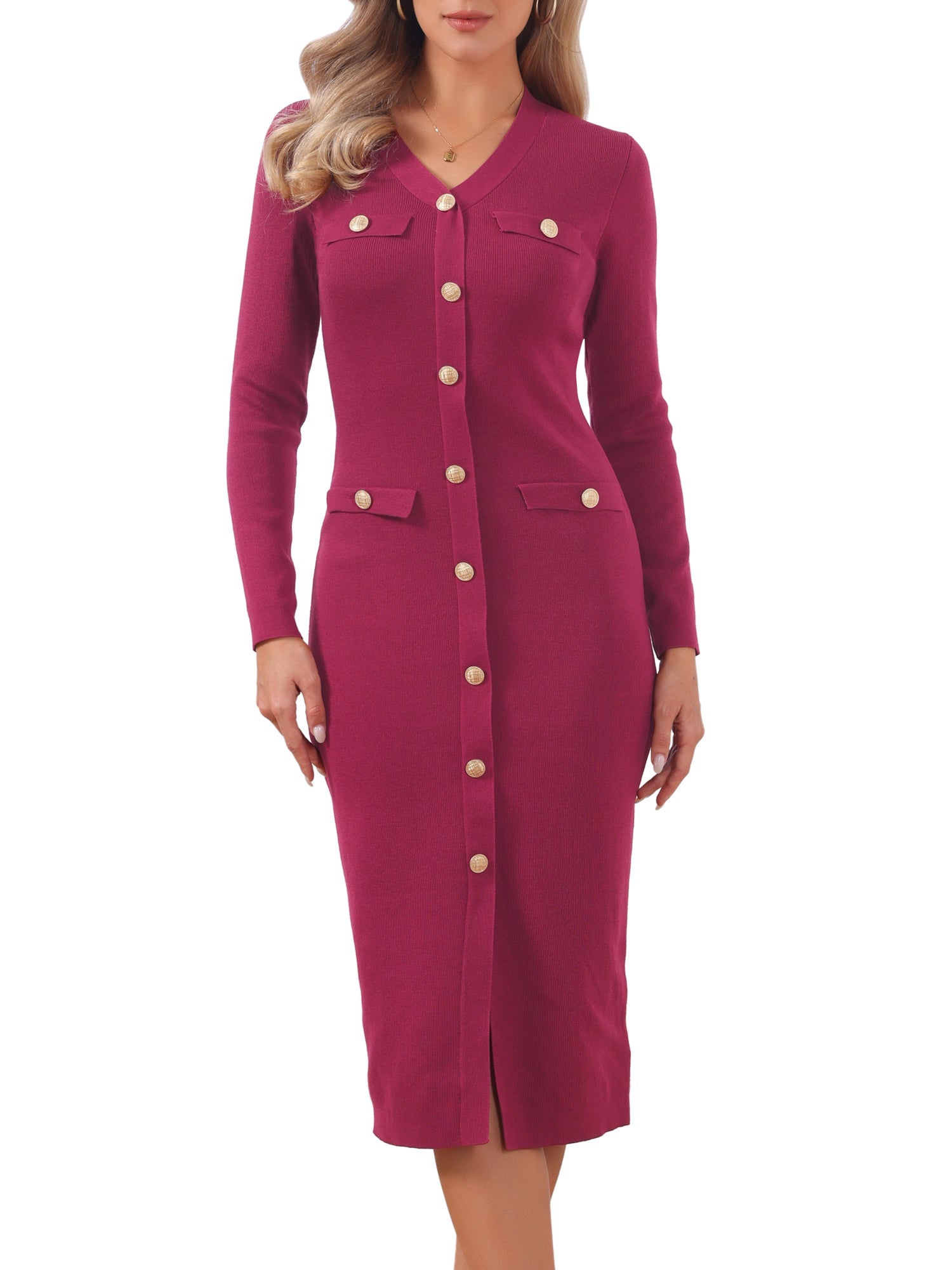 Button Decor Knit Bodycon Midi Sweater Dress