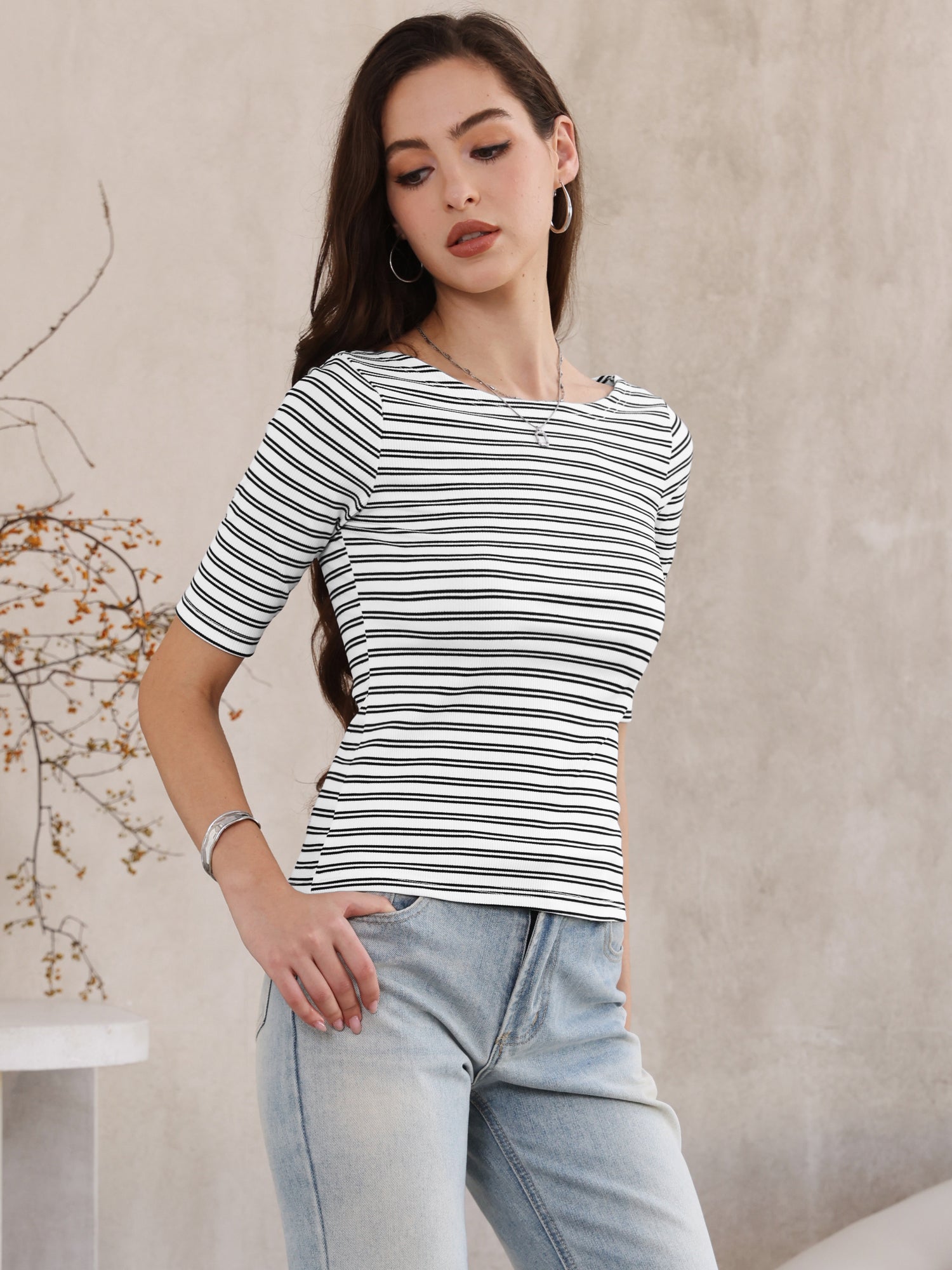 Striped Boat Neck Short Sleeve T-Shirt