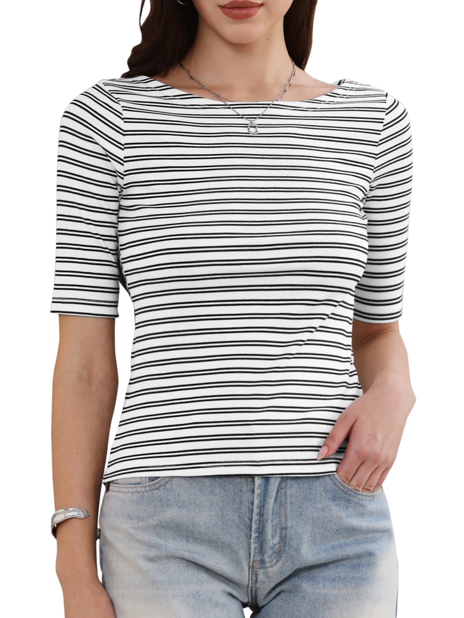 Striped Boat Neck Short Sleeve T-Shirt