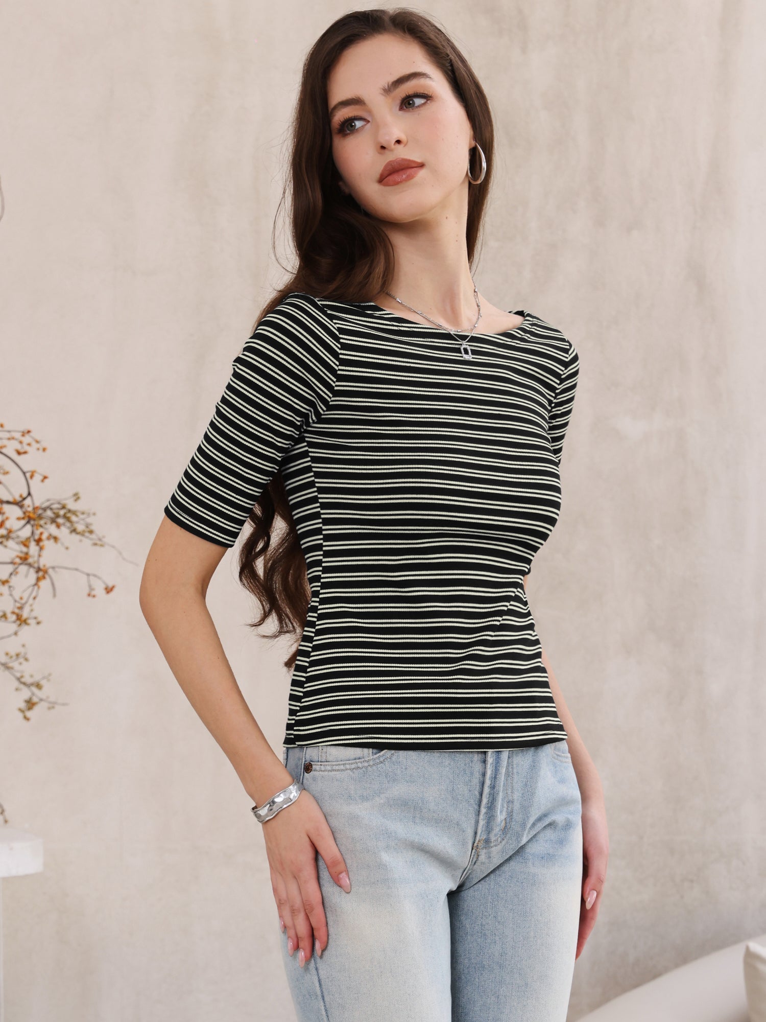 Striped Boat Neck Short Sleeve T-Shirt