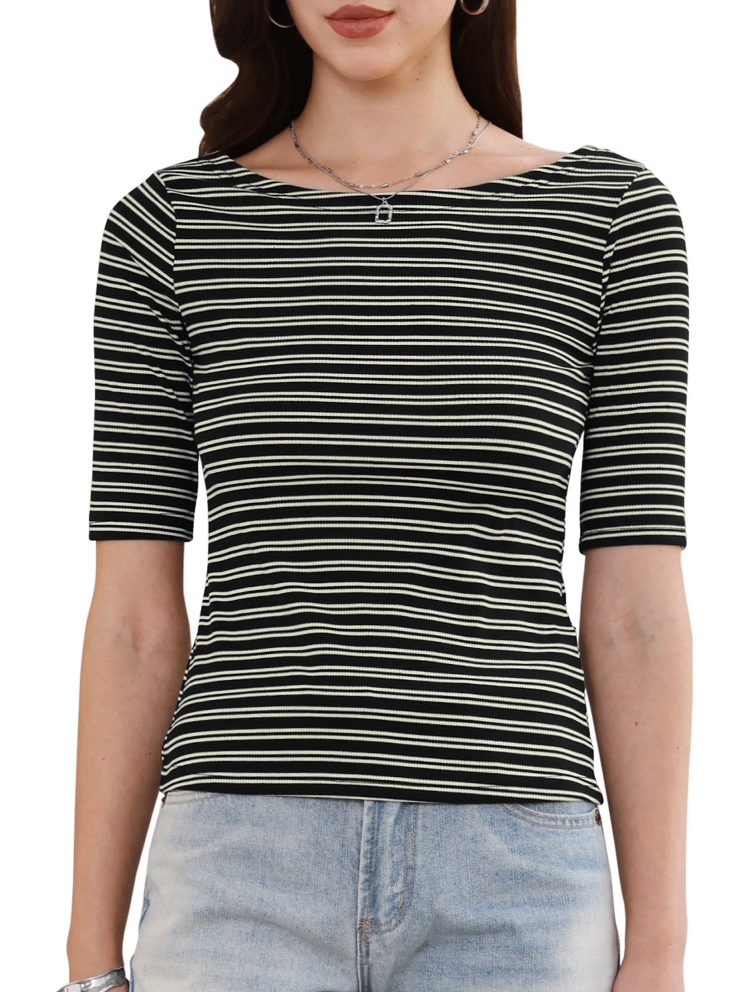 Striped Boat Neck Short Sleeve T-Shirt