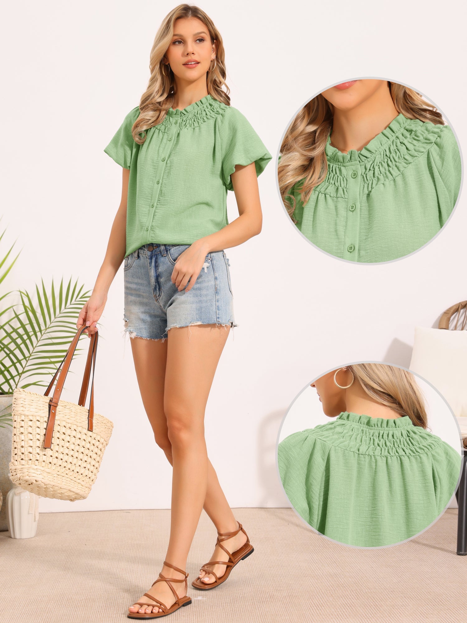Smocked Ruffled Puff Short Sleeve Casual Summer Top