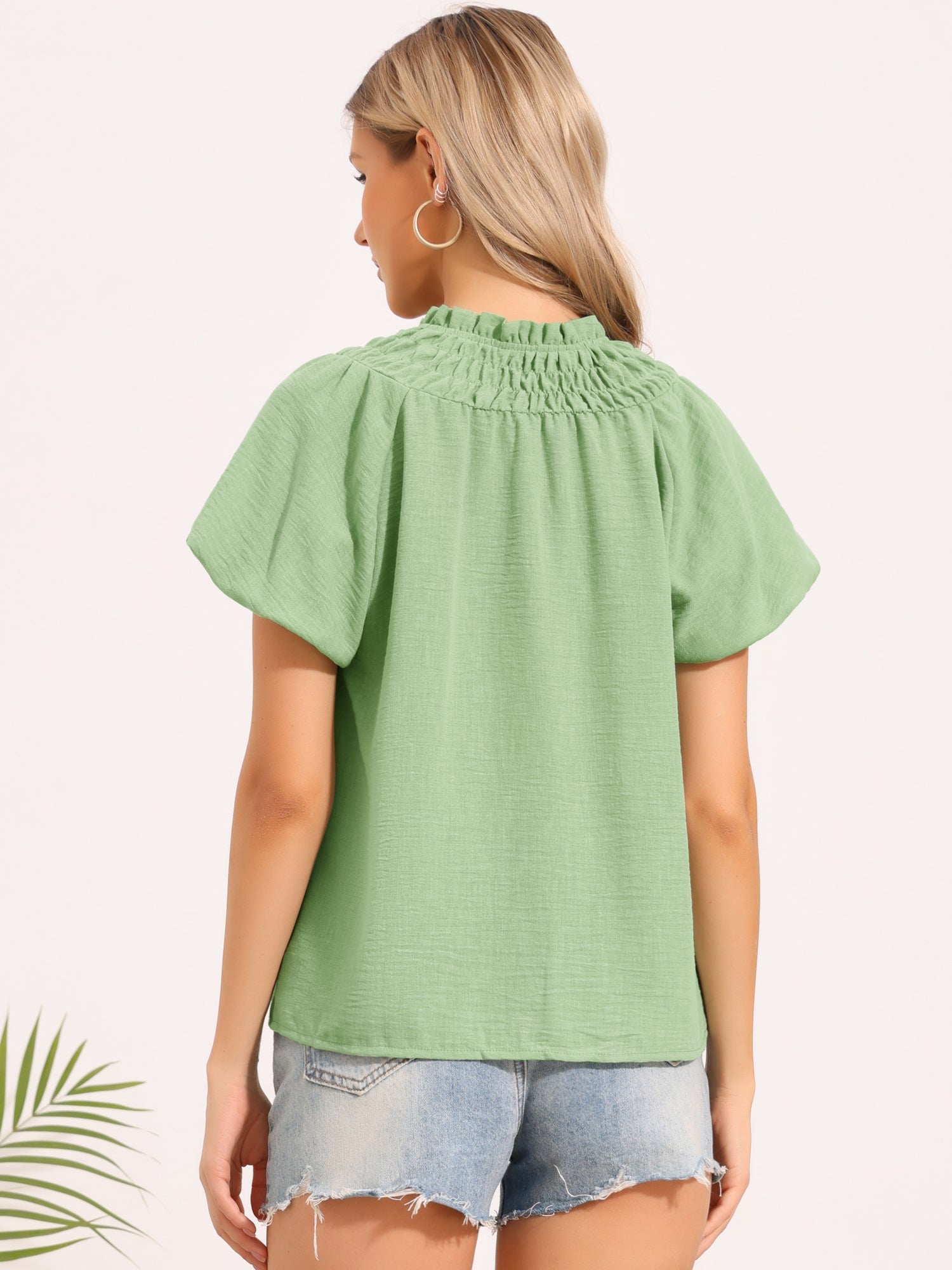 Smocked Ruffled Puff Short Sleeve Casual Summer Top