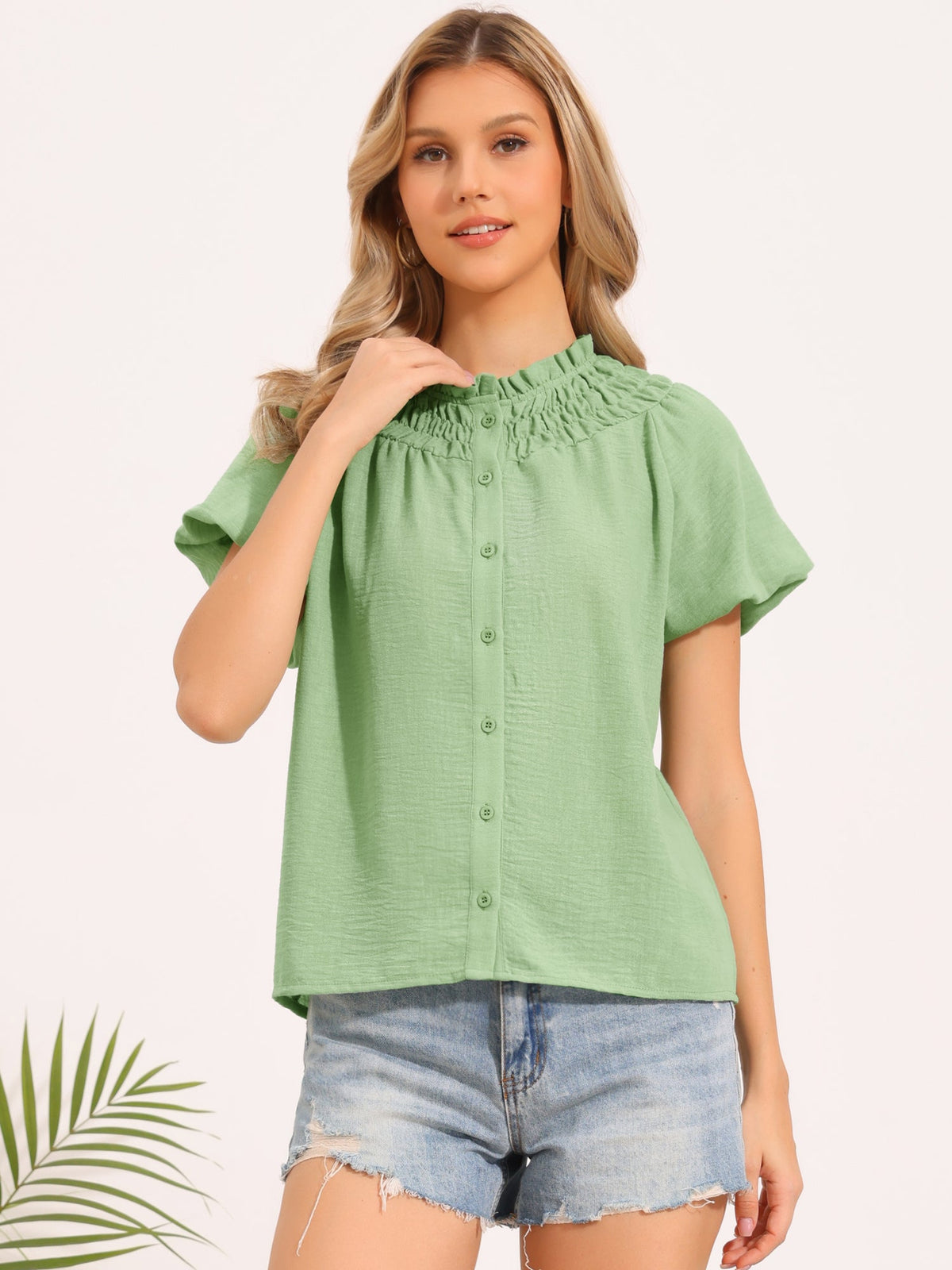 Smocked Ruffled Puff Short Sleeve Casual Summer Top