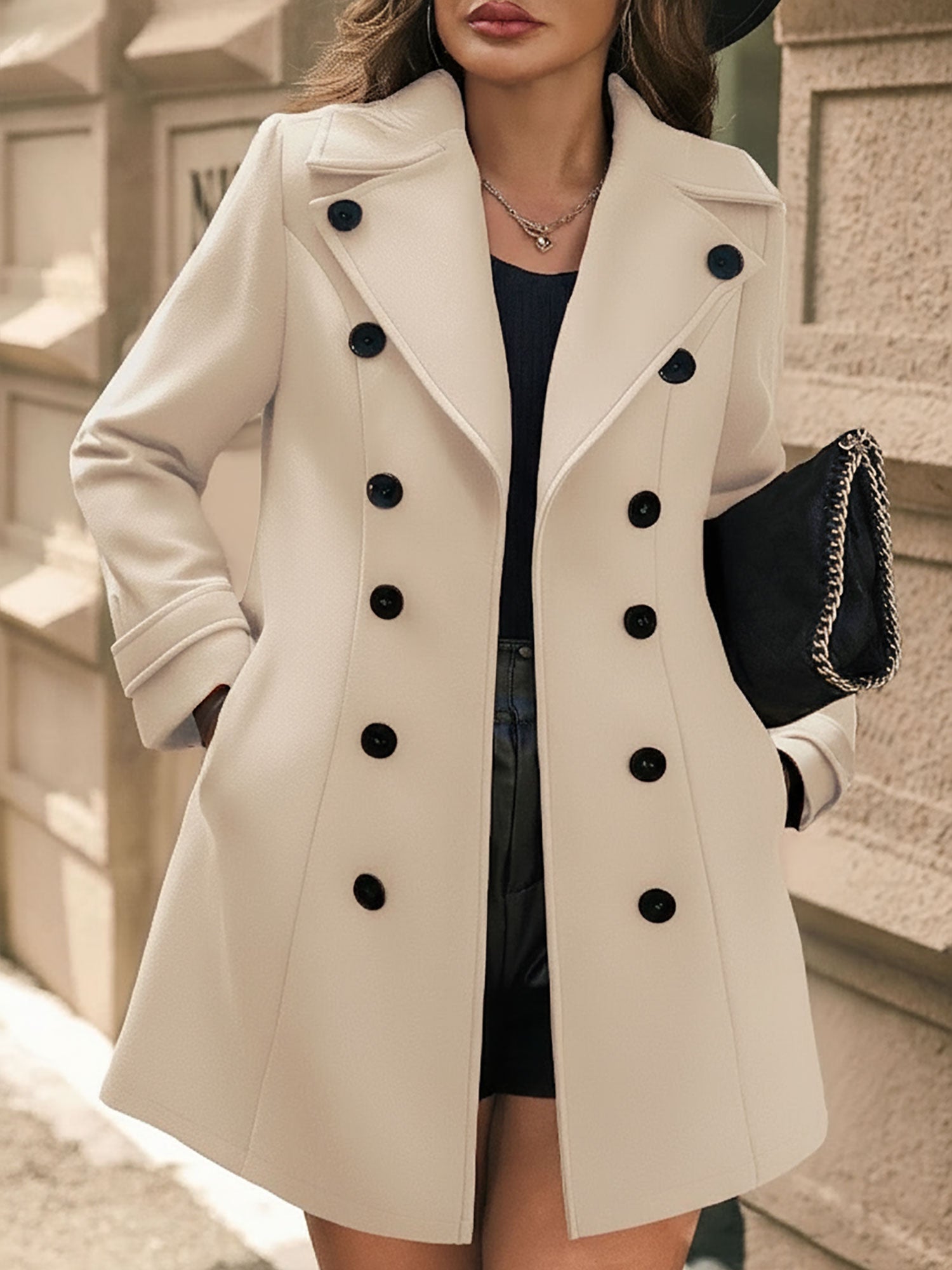 Notched Lapel Buttoned Decor Open Front Coat