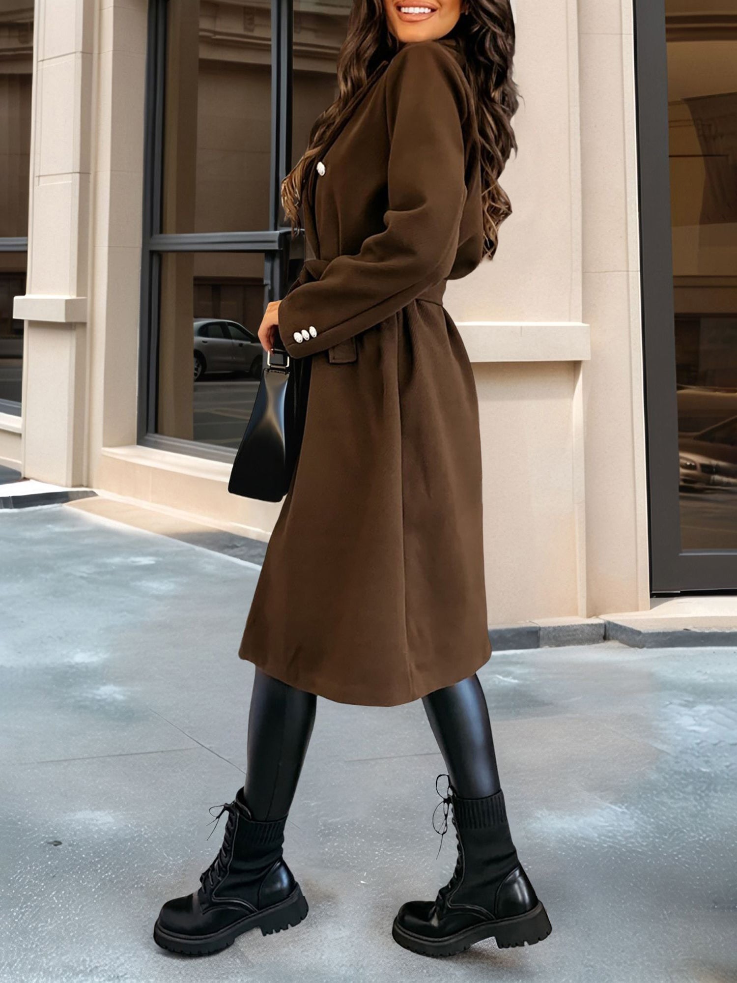 Solid Color Double Breasted Tie Front Belted Coat