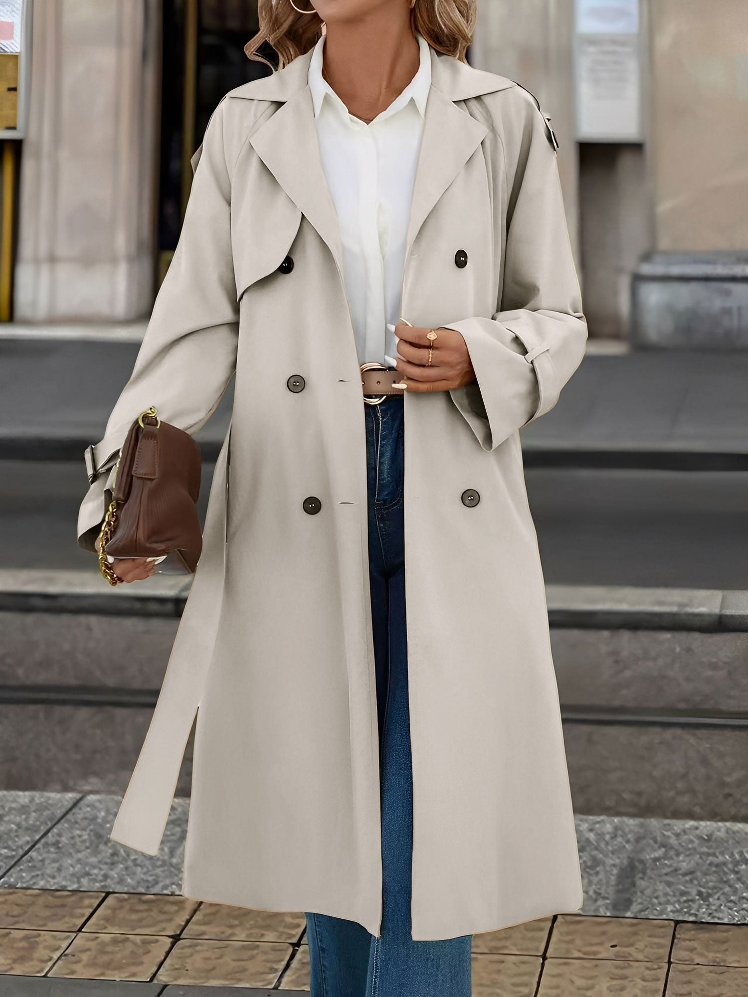 Double Breasted Fleece-Lined Belted Trench Coat