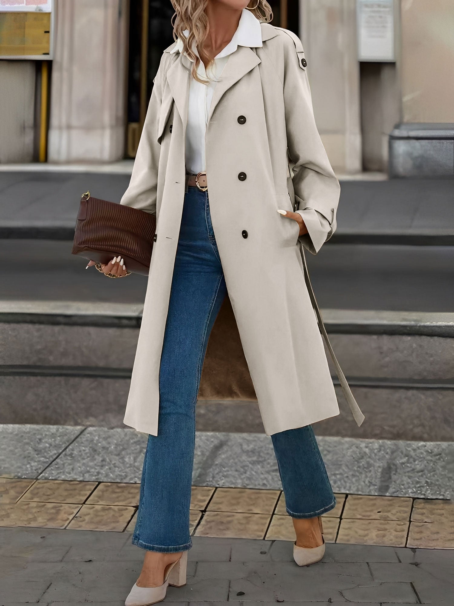 Double Breasted Fleece-Lined Belted Trench Coat