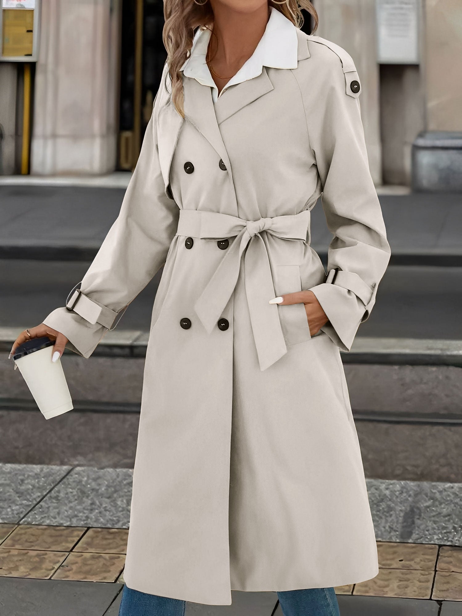 Double Breasted Fleece-Lined Belted Trench Coat