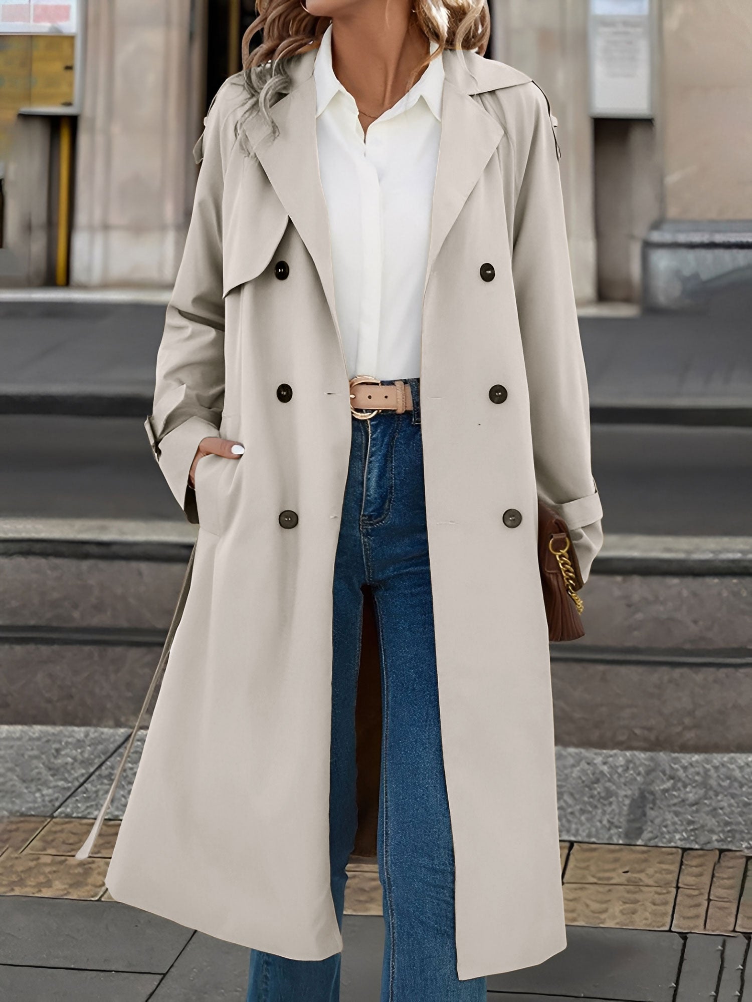 Double Breasted Fleece-Lined Belted Trench Coat