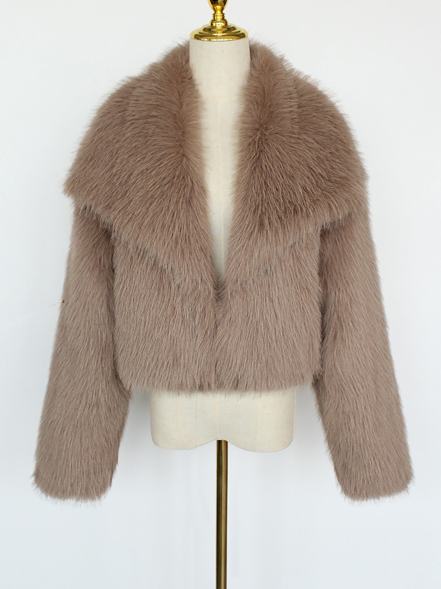 Collared Long Sleeves Cropped Faux Fur Coat