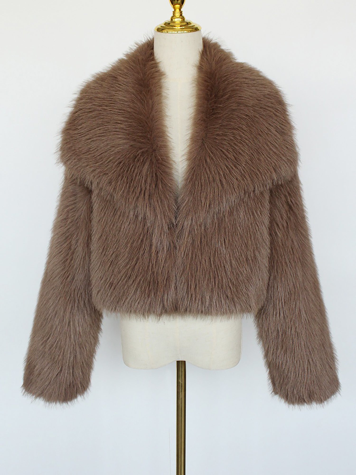 Collared Long Sleeves Cropped Faux Fur Coat