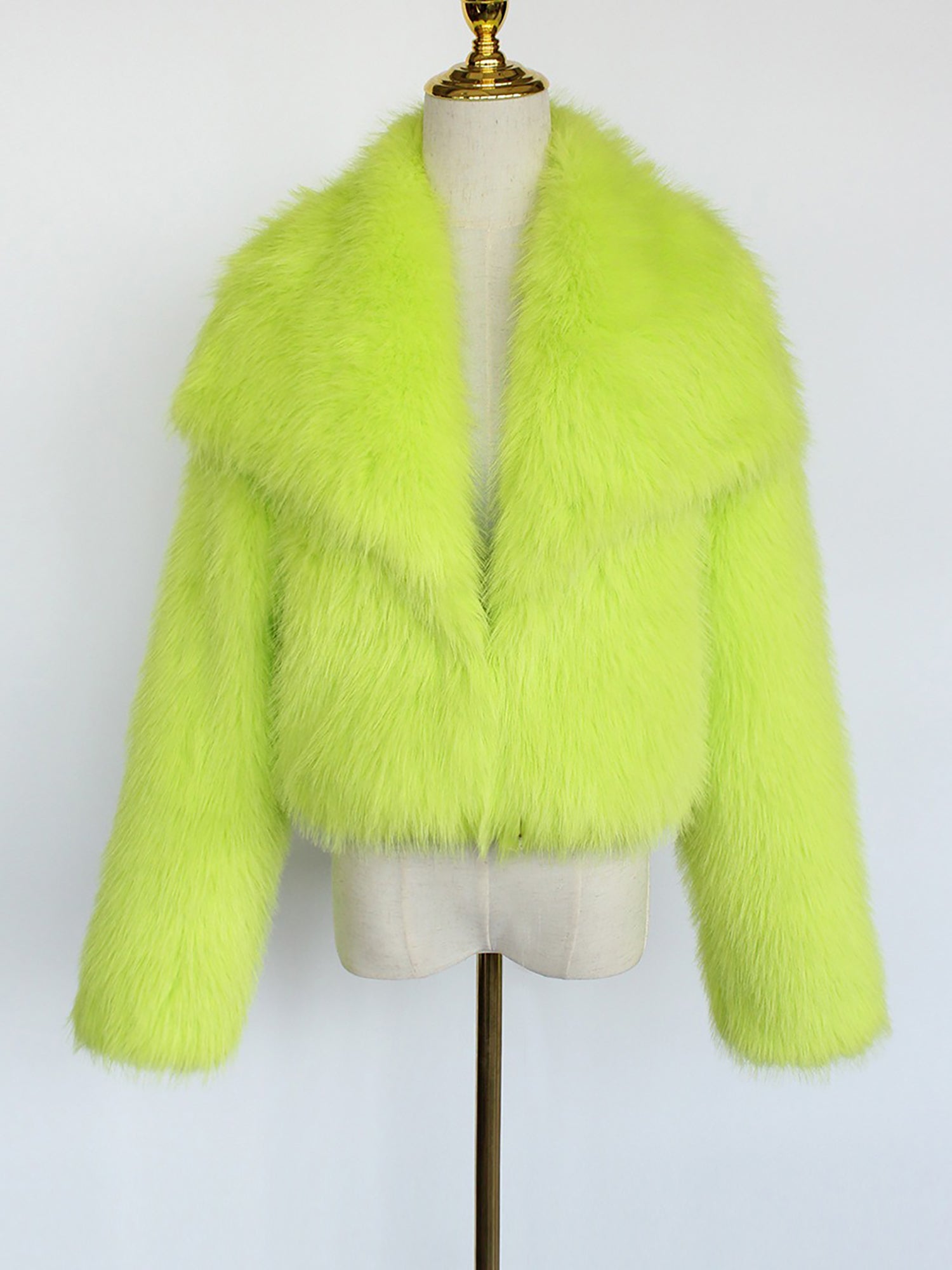 Collared Long Sleeves Cropped Faux Fur Coat