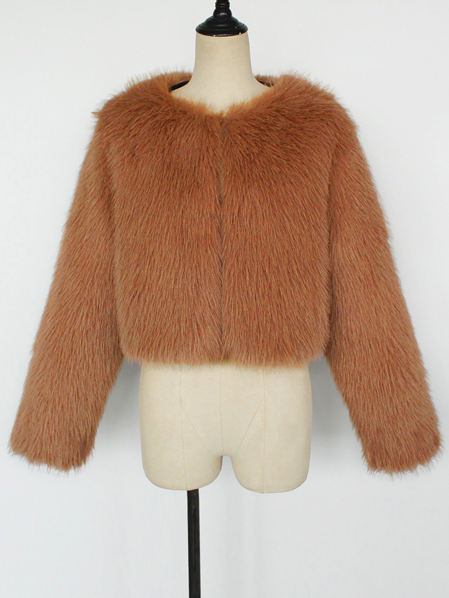 Collarless Long Sleeves Cropped Faux Fur Coat