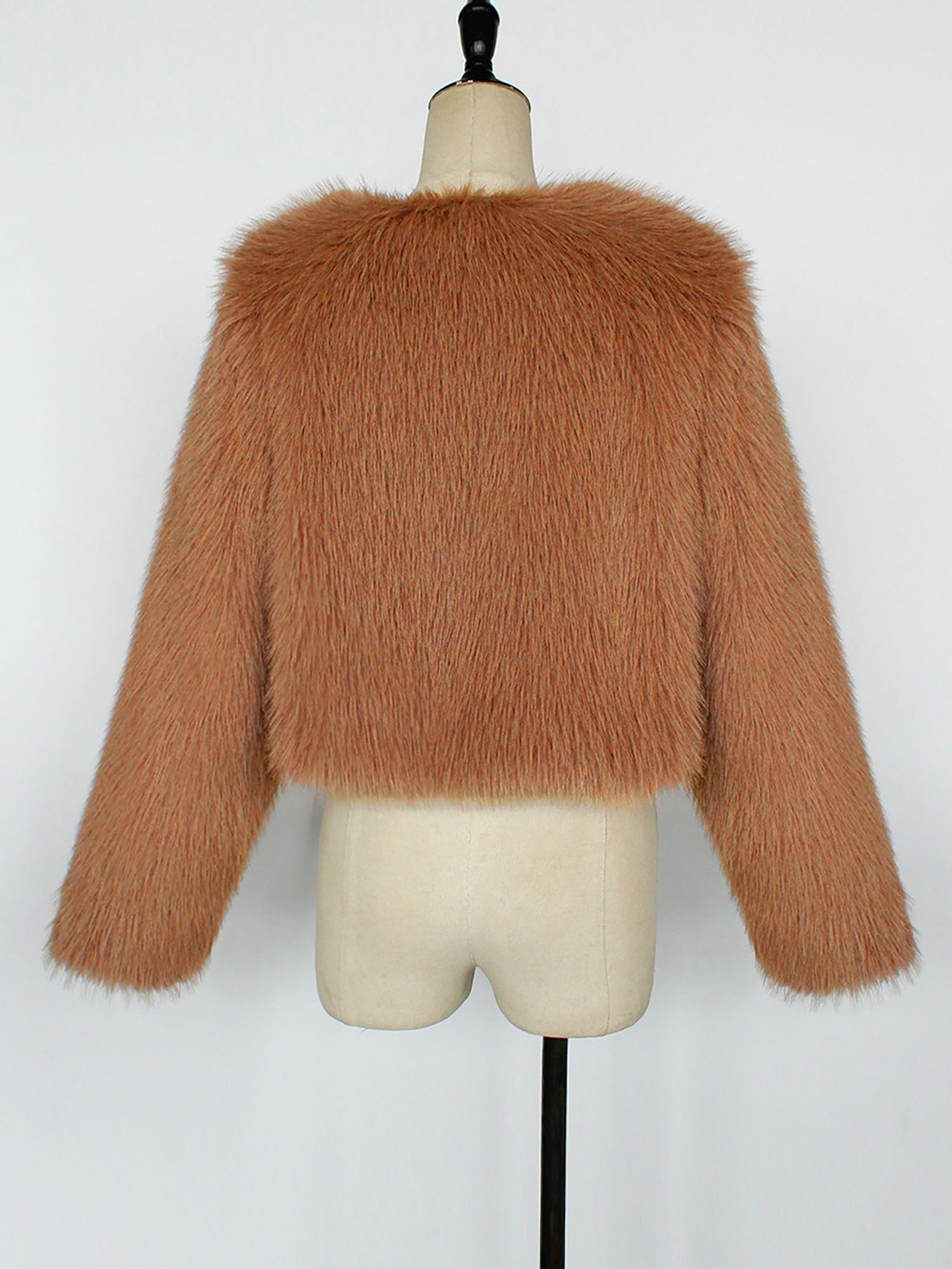 Collarless Long Sleeves Cropped Faux Fur Coat