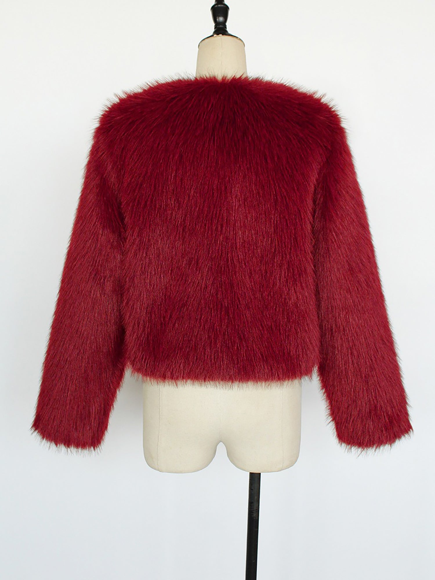 Collarless Long Sleeves Cropped Faux Fur Coat