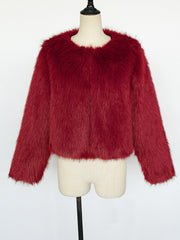 Collarless Long Sleeves Cropped Faux Fur Coat
