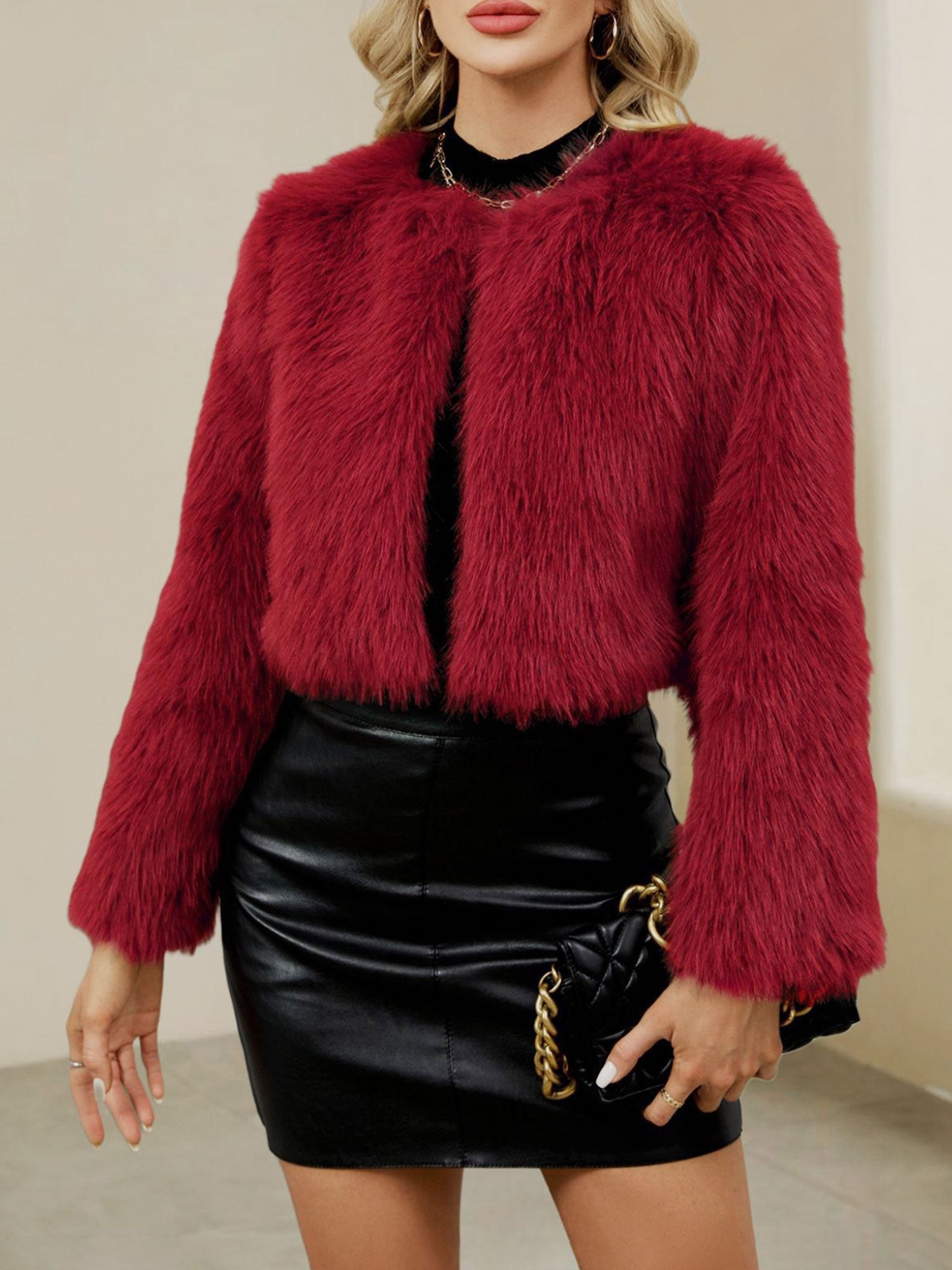 Collarless Long Sleeves Cropped Faux Fur Coat