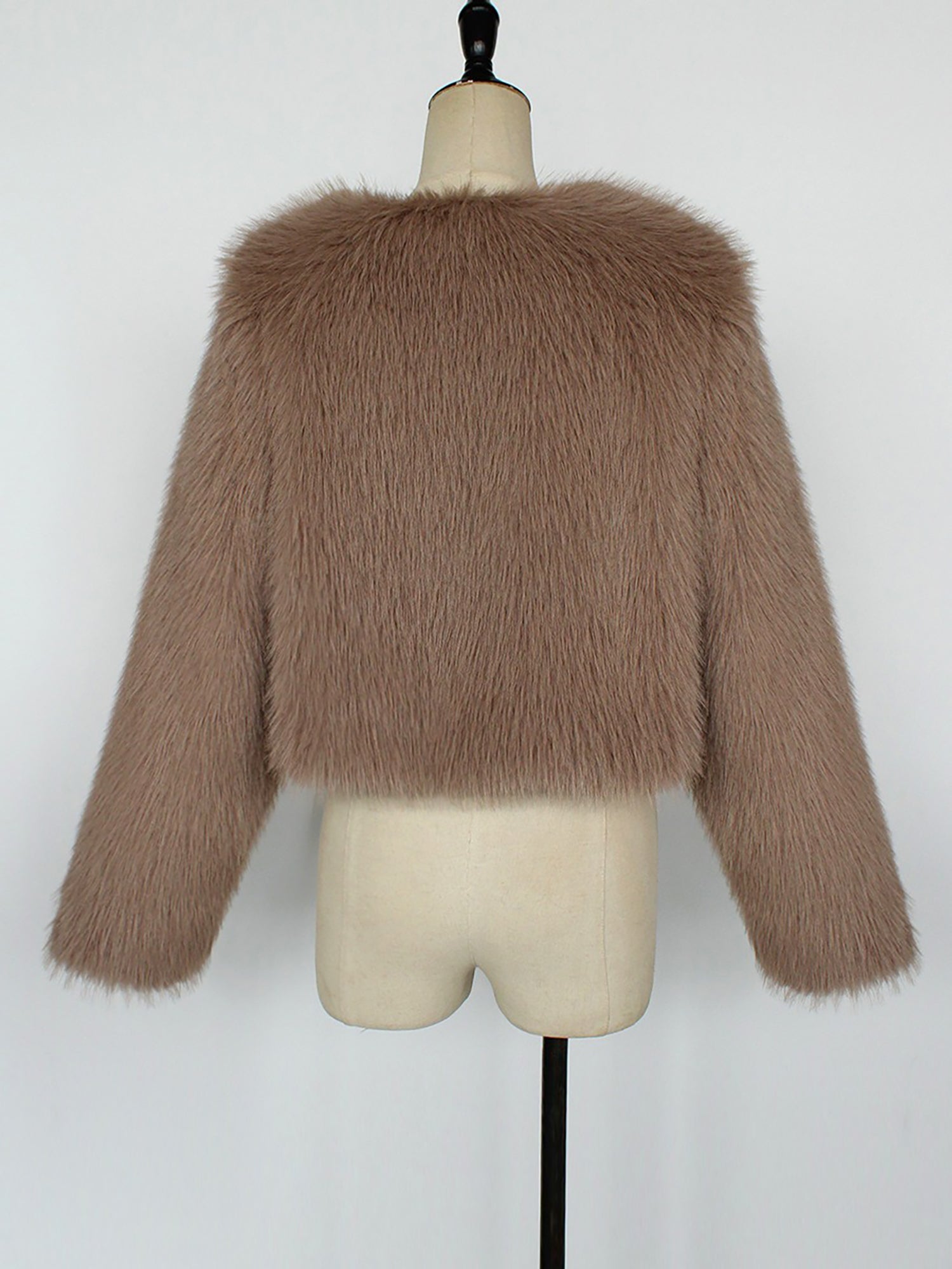 Collarless Long Sleeves Cropped Faux Fur Coat