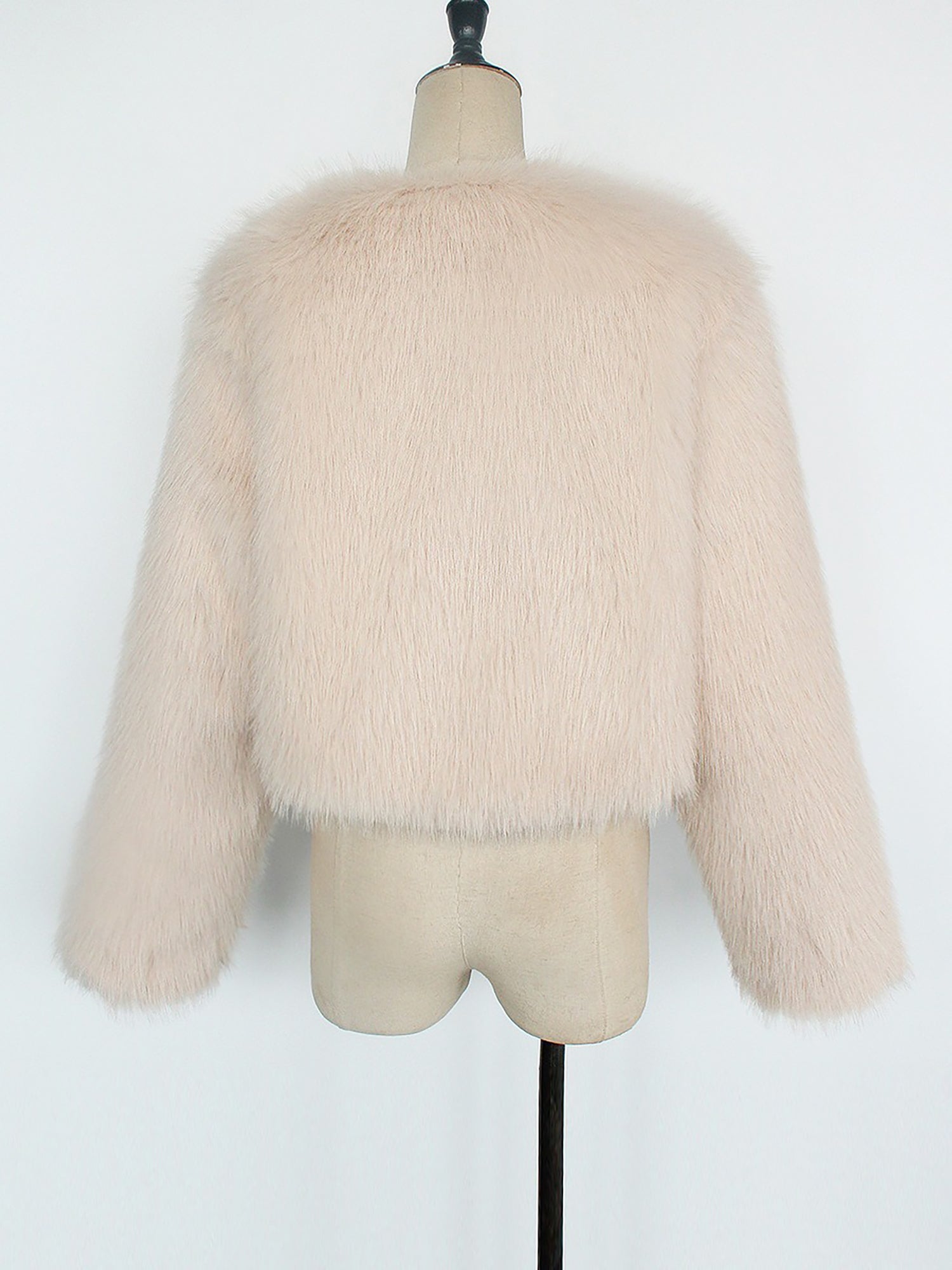 Collarless Long Sleeves Cropped Faux Fur Coat