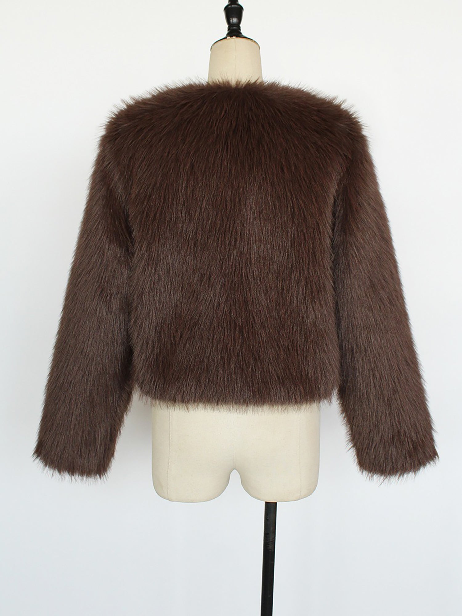 Collarless Long Sleeves Cropped Faux Fur Coat