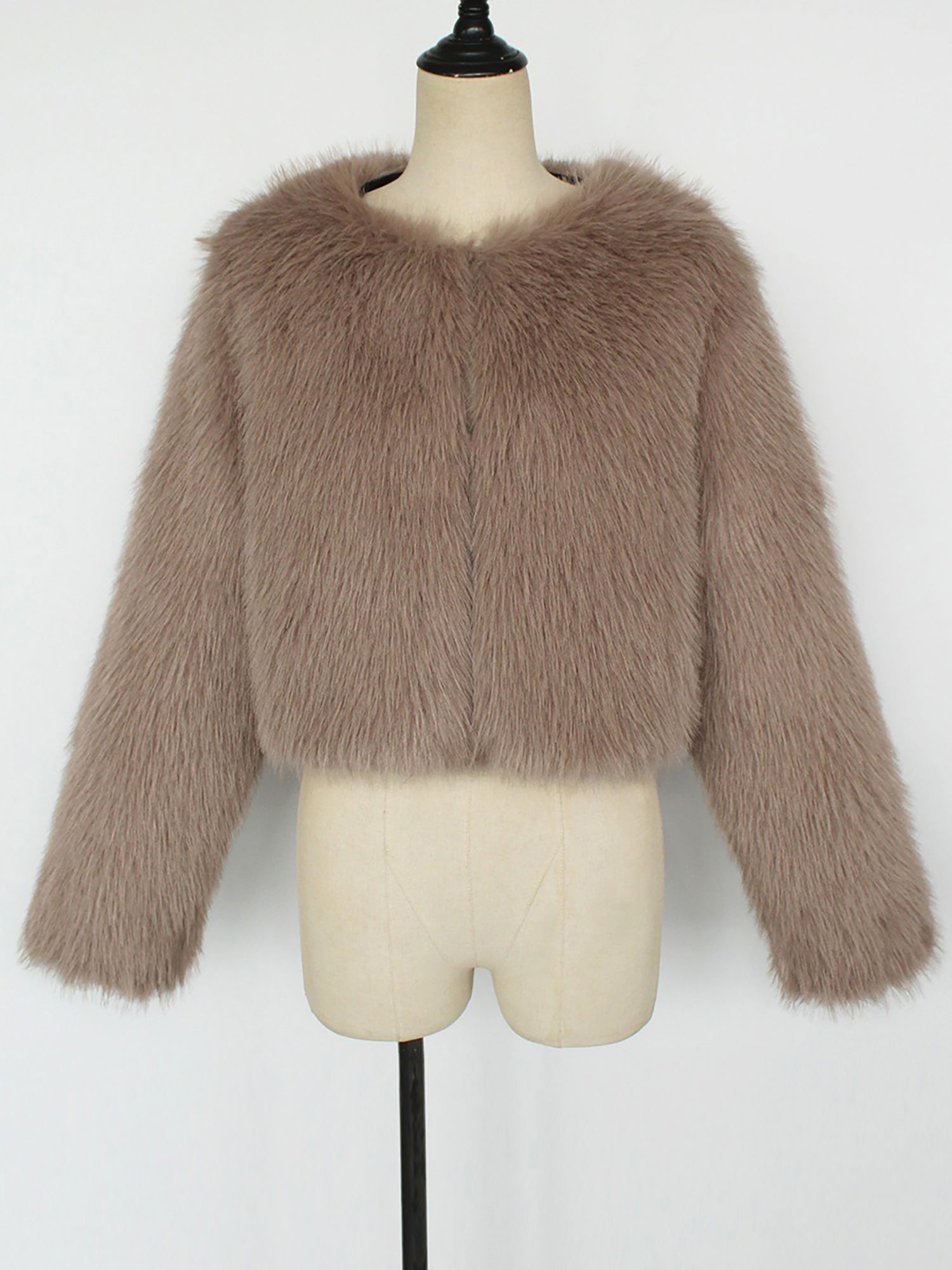 Collarless Long Sleeves Cropped Faux Fur Coat