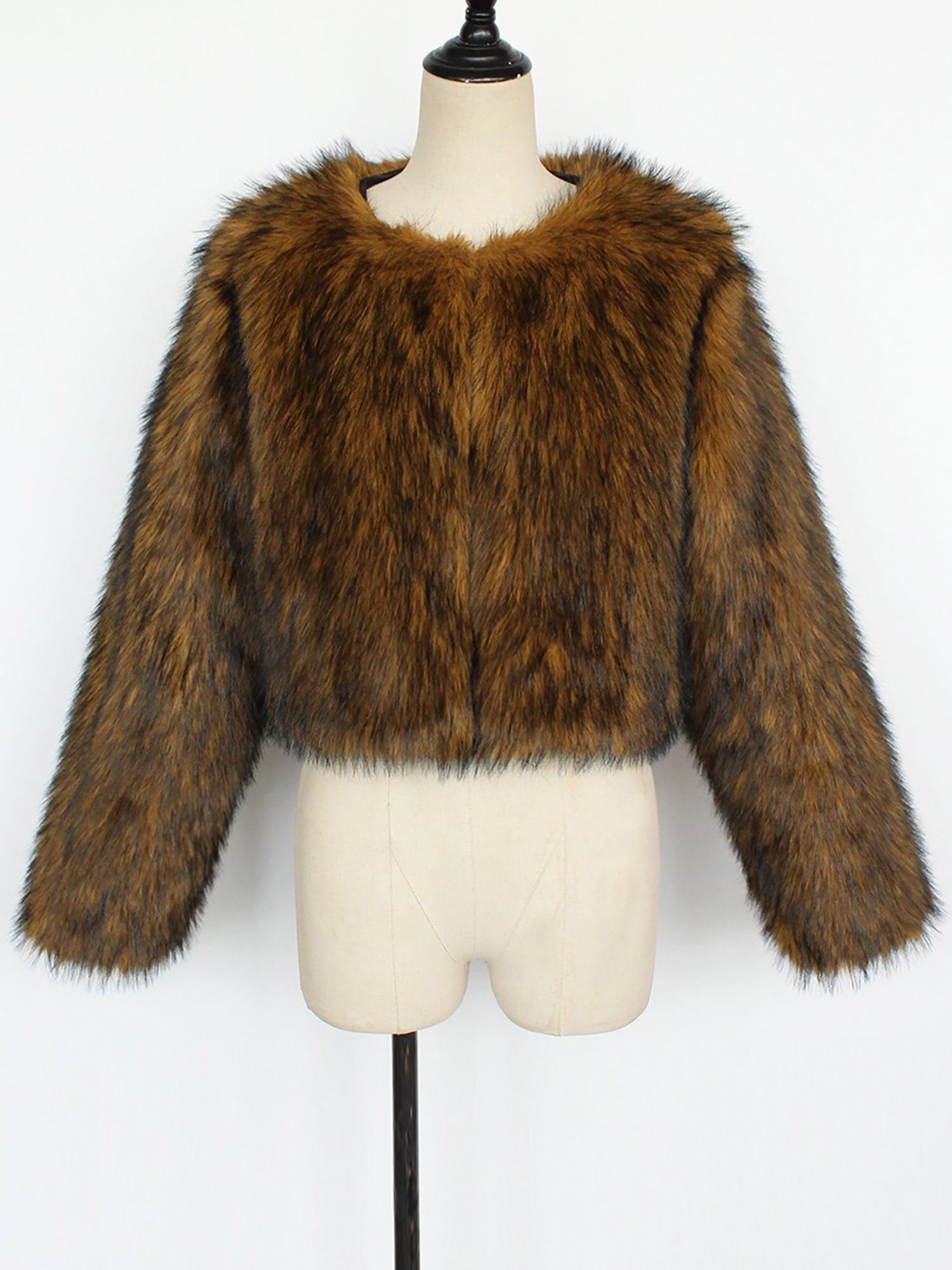 Collarless Long Sleeves Cropped Faux Fur Coat