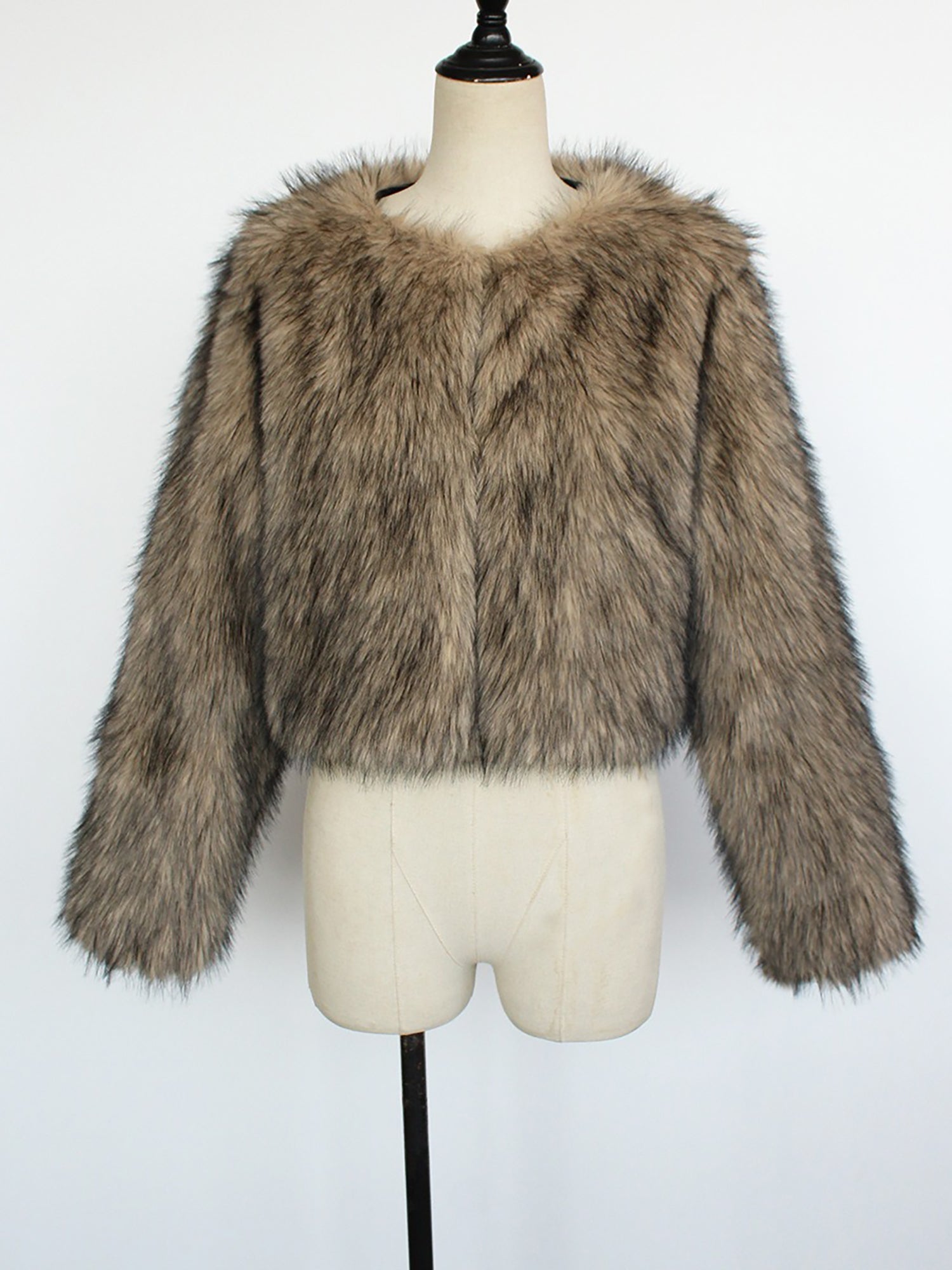 Collarless Long Sleeves Cropped Faux Fur Coat