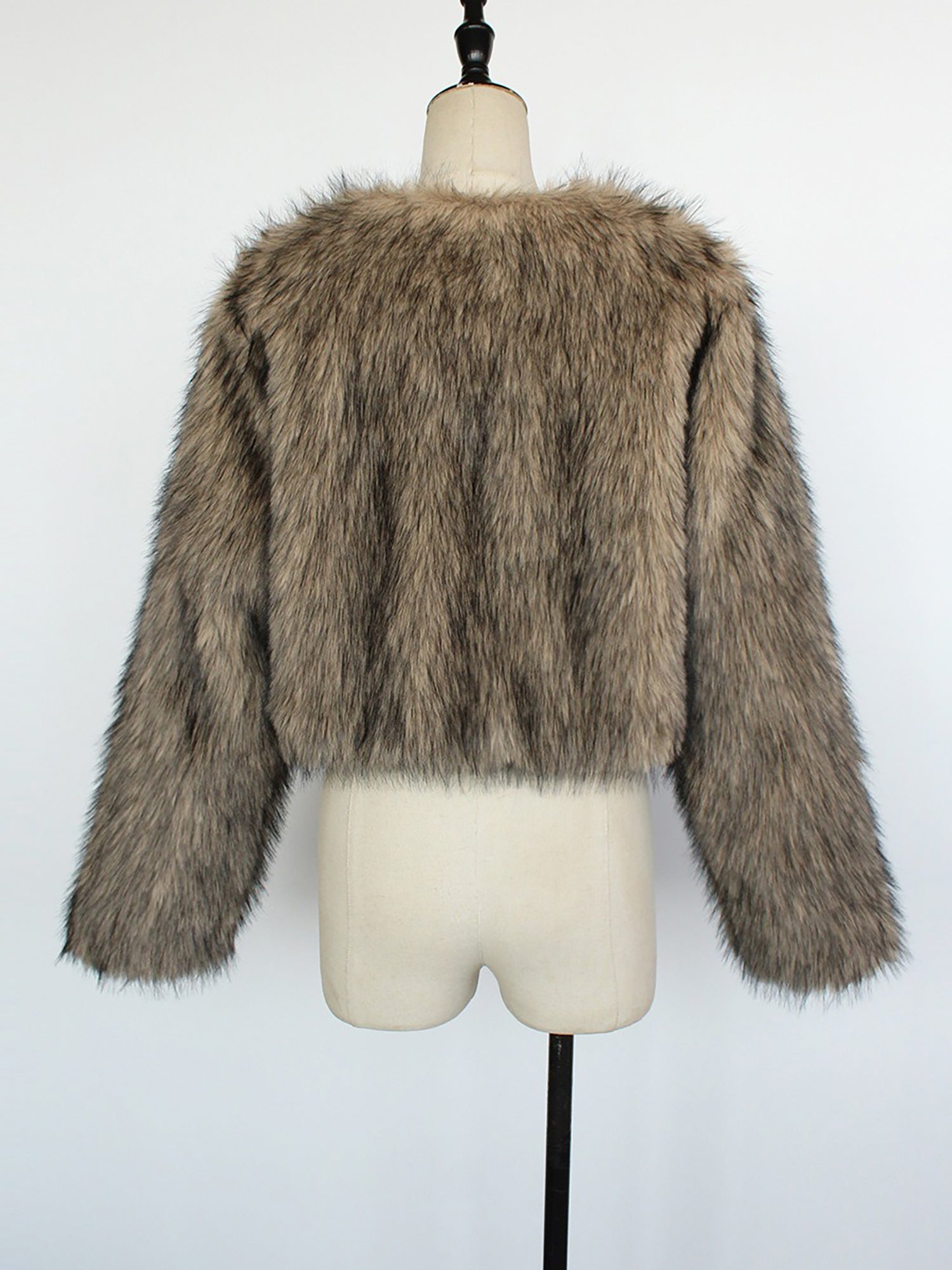 Collarless Long Sleeves Cropped Faux Fur Coat