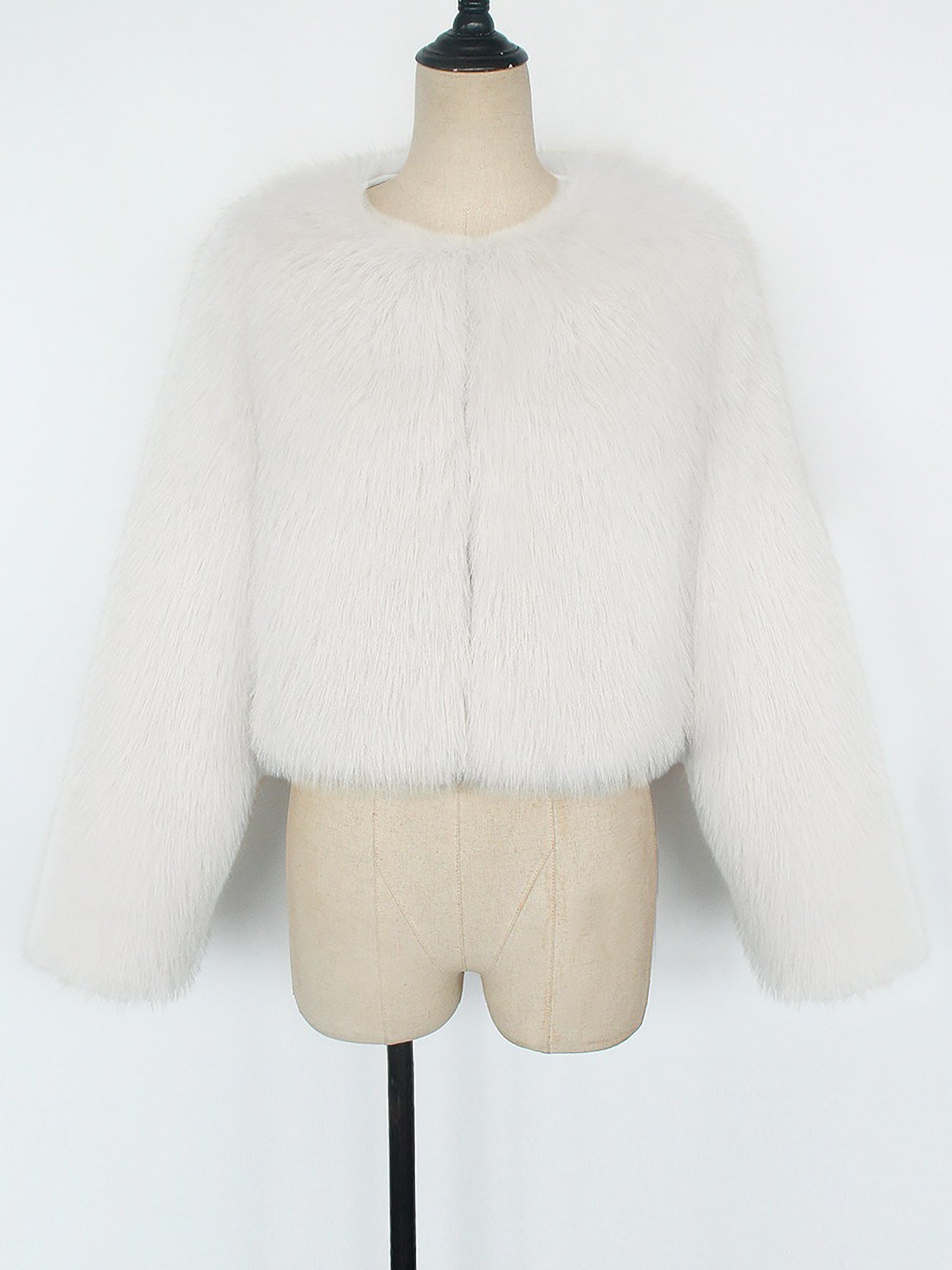 Collarless Long Sleeves Cropped Faux Fur Coat