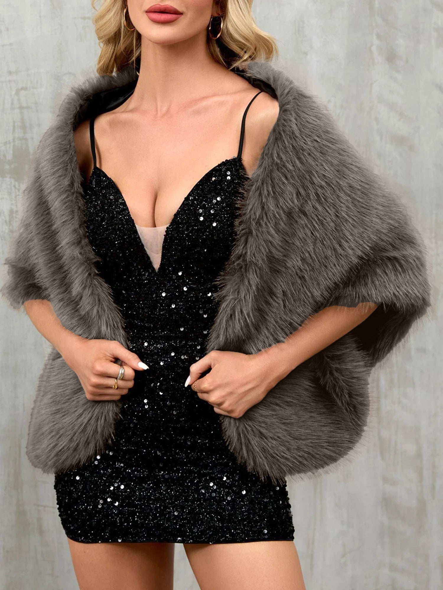 Women Faux Fur Evening Gown Shawl Cape